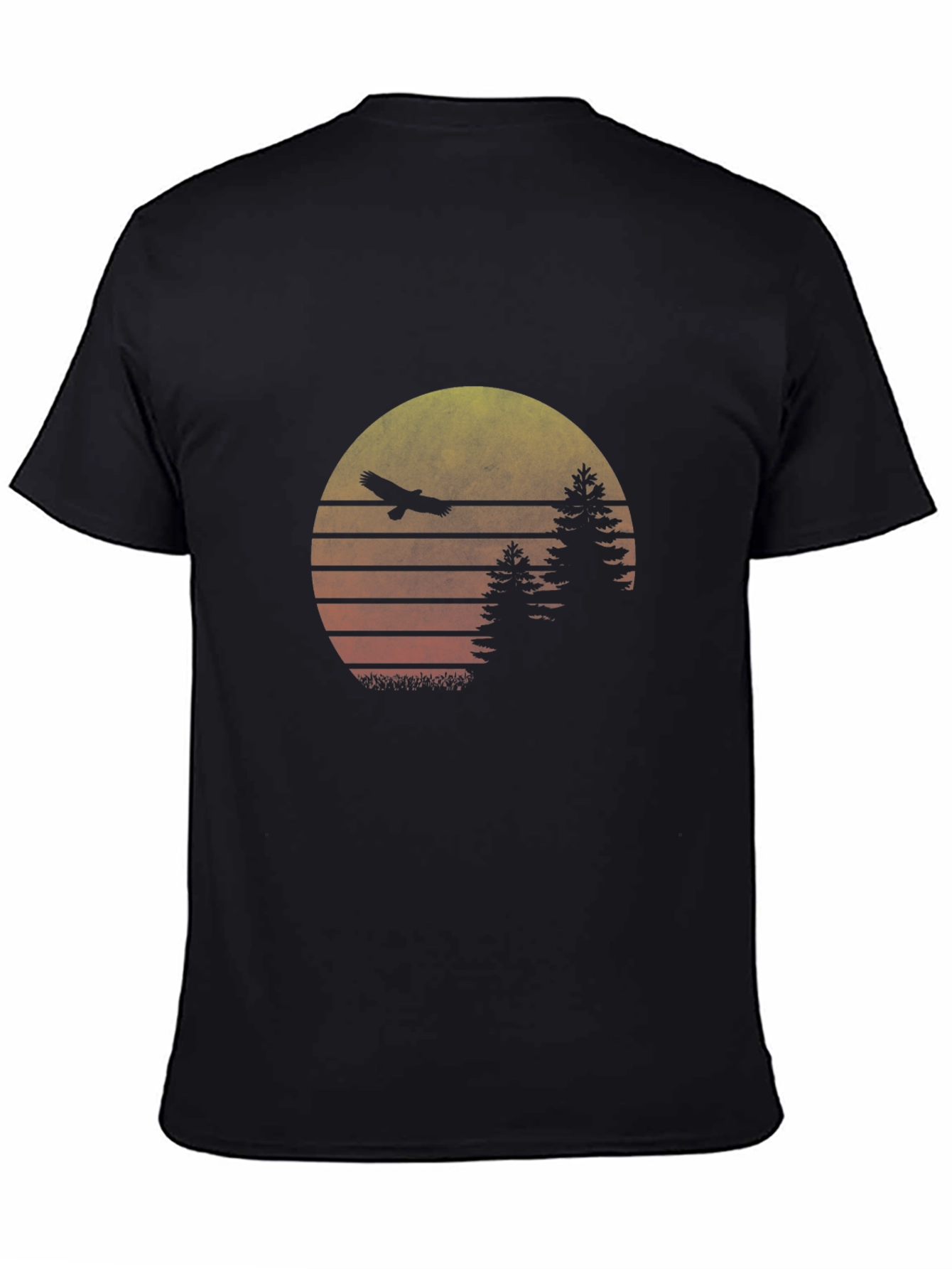 Retro Sunset Eagle Graphic Tee - Black Cotton Blend