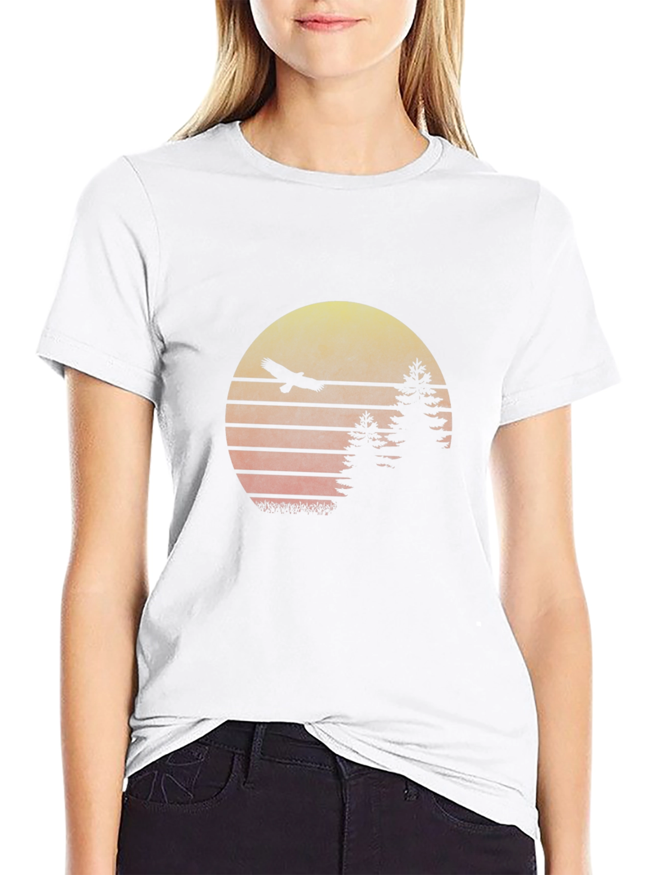 Retro Sunset Eagle Graphic Tee - Black Cotton Blend