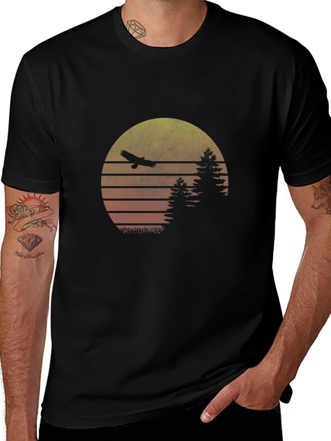 Retro Sunset Eagle Graphic Tee - Black Cotton Blend
