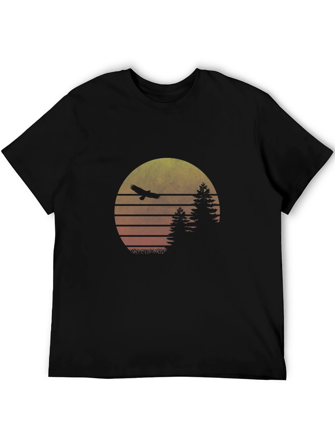 Retro Sunset Eagle Graphic Tee - Black Cotton Blend