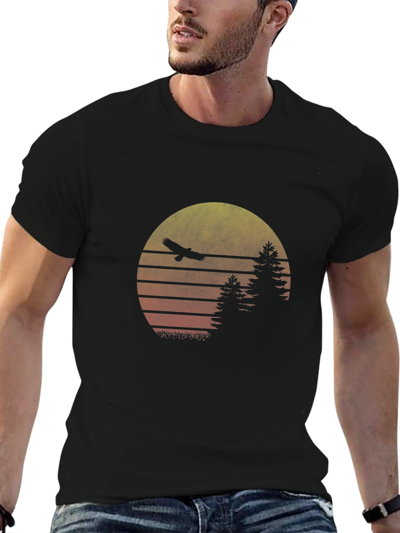 Retro Sunset Eagle Graphic Tee - Black Cotton Blend