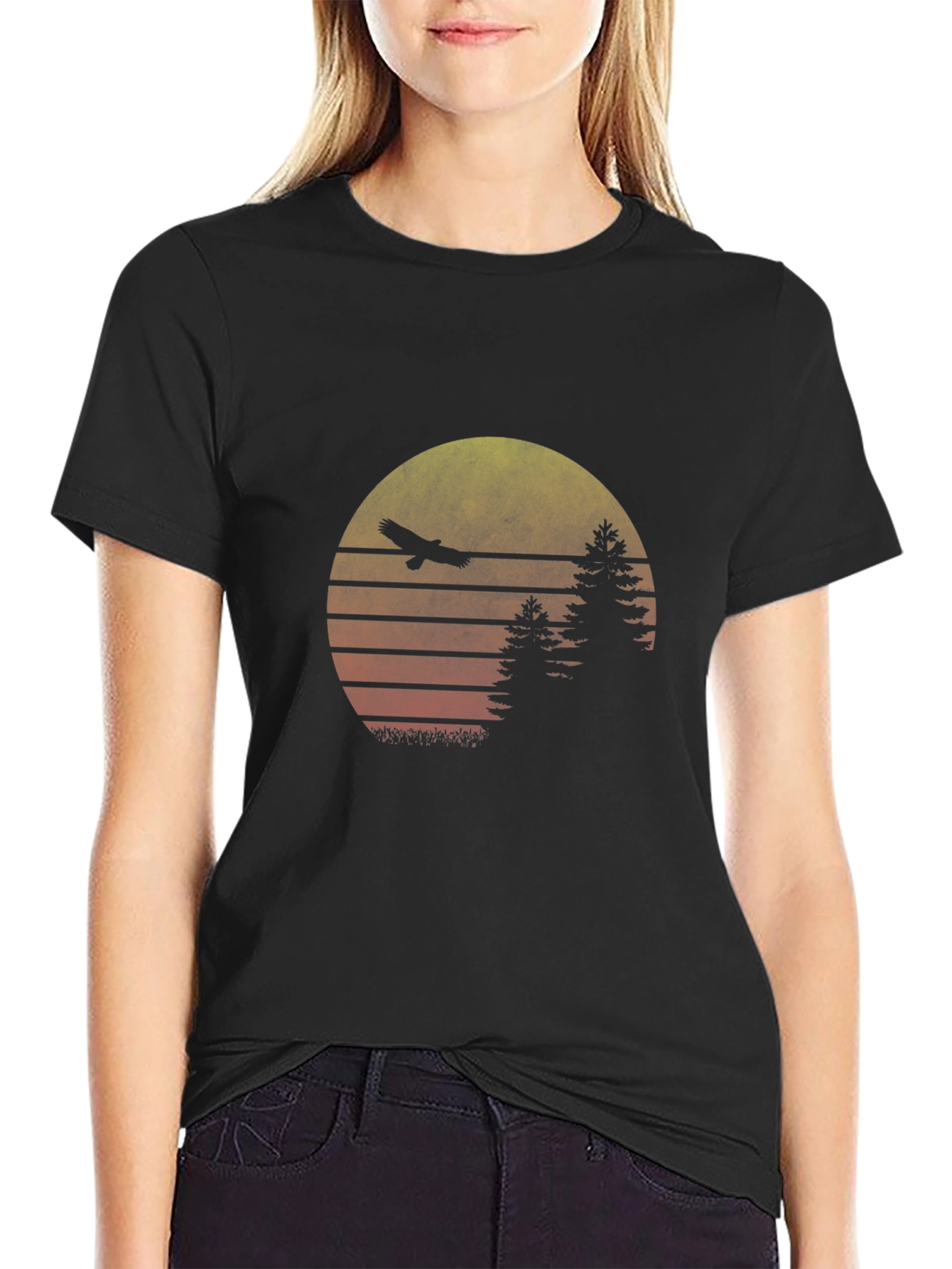 Retro Sunset Eagle Graphic Tee - Black Cotton Blend