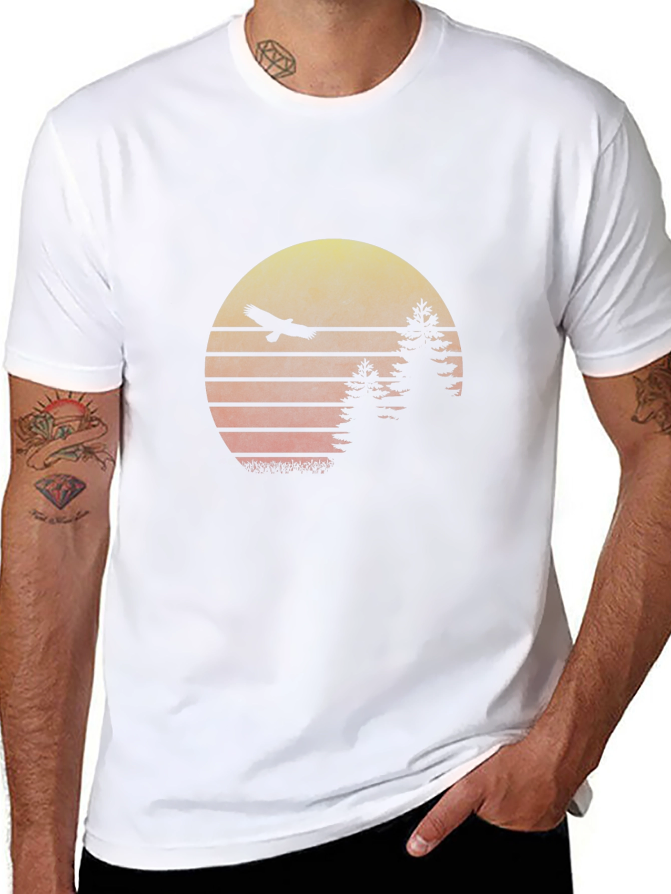 Retro Sunset Eagle Graphic Tee - Black Cotton Blend