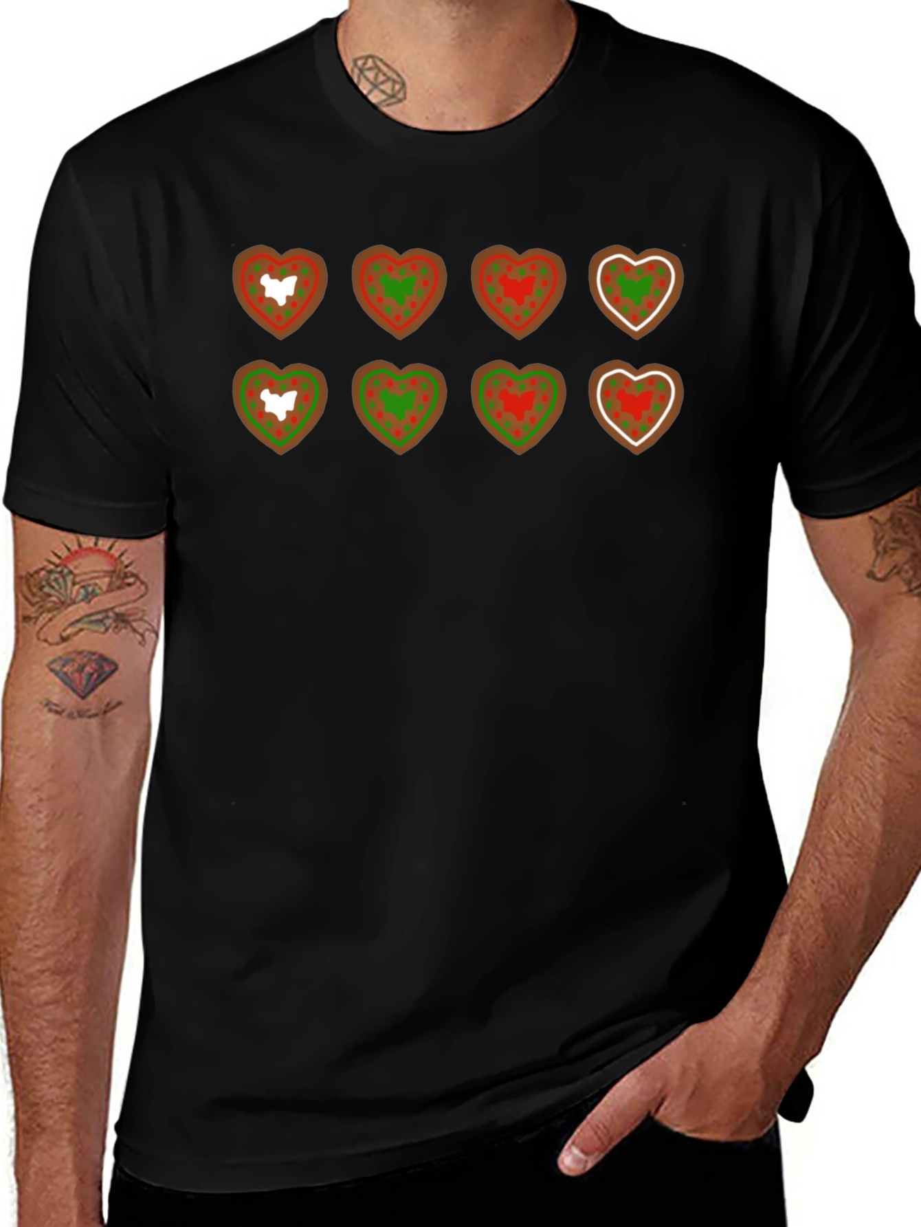 Heart Cookie Pattern Black T-Shirt