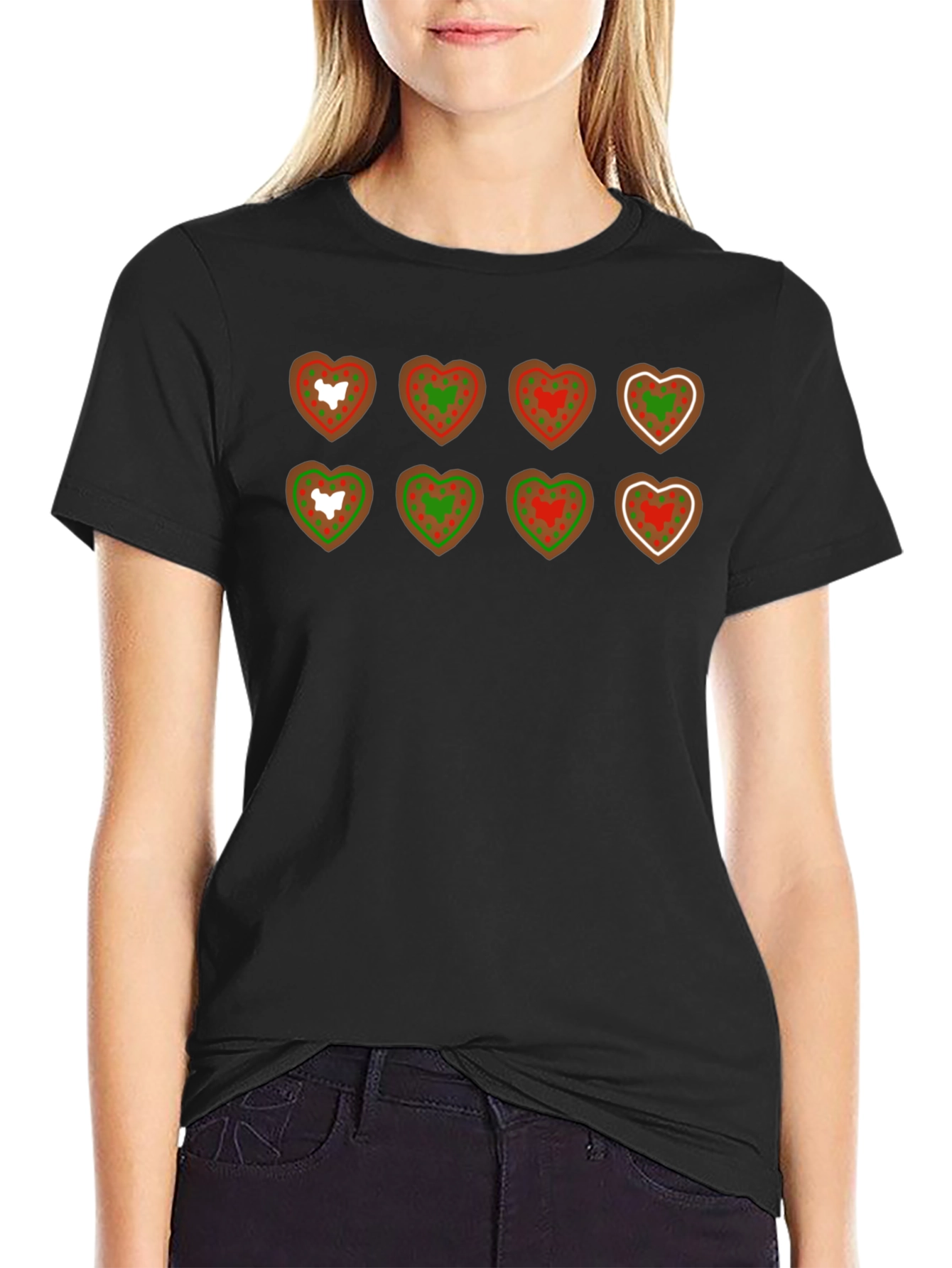Heart Cookie Pattern Black T-Shirt
