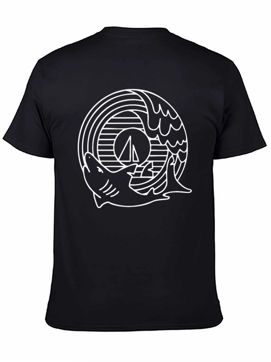 Shark & Wave Graphic Tee - Black Cotton T-Shirt