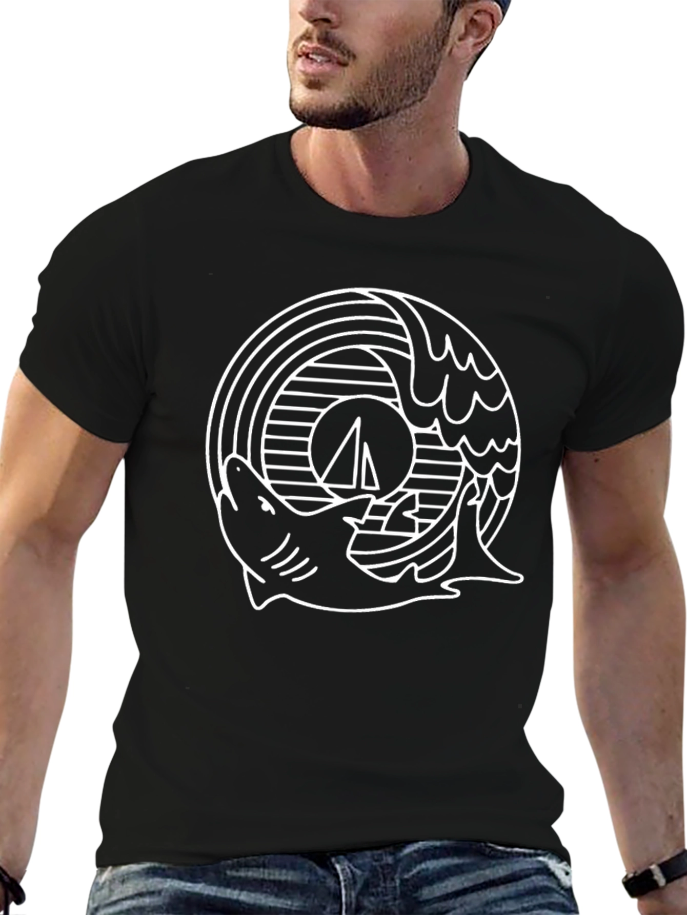 Shark & Wave Graphic Tee - Black Cotton T-Shirt