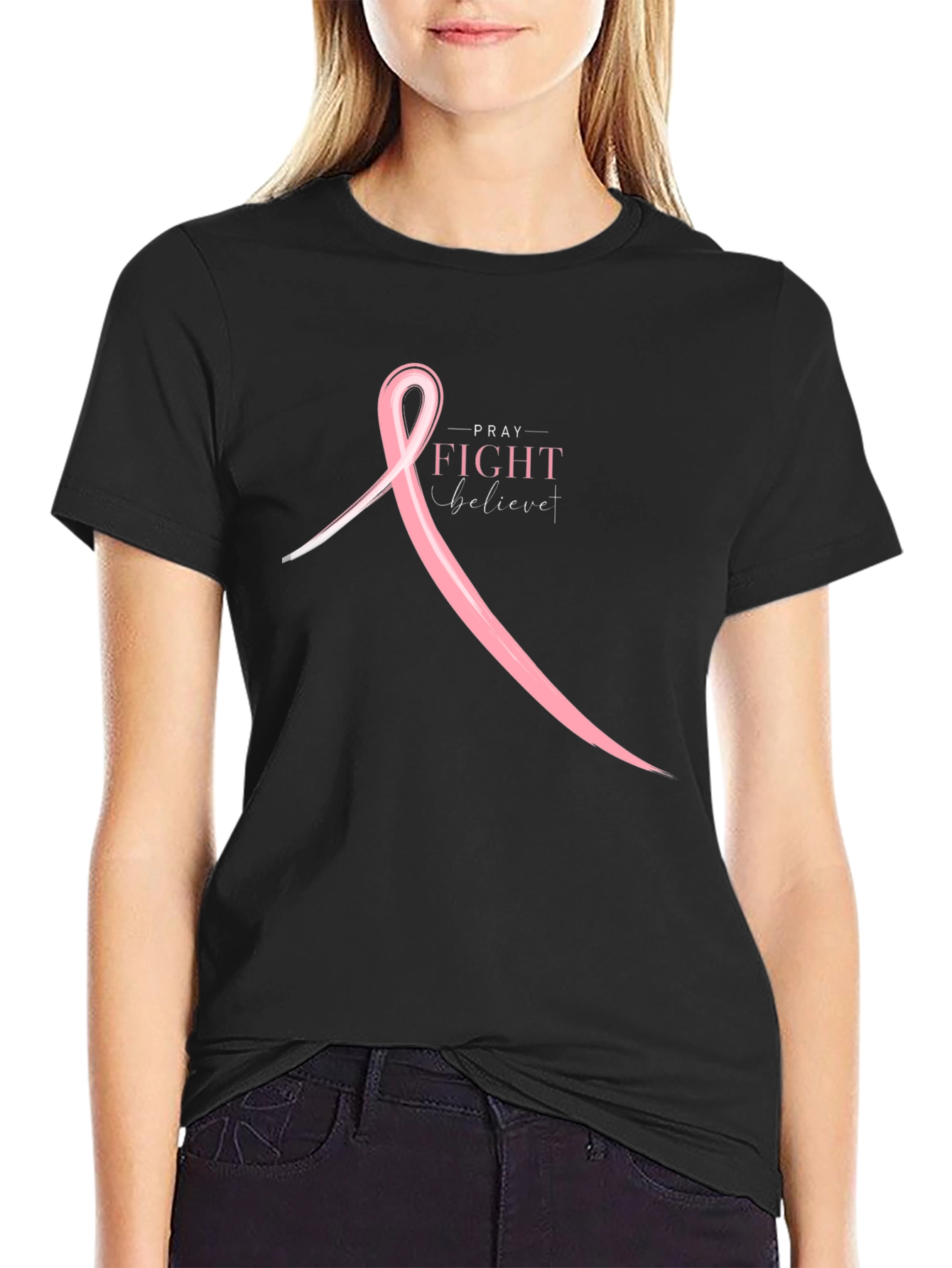 Pray Fight Believe T-Shirt - Breast Cancer Awareness