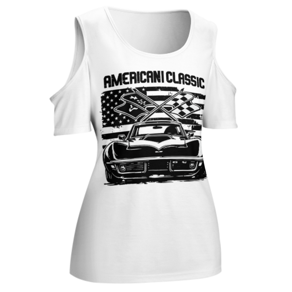 American Classic Vintage Muscle Car Graphic Tee, Retro Racing Flag Shirt, Patriotic Streetwear Top, Classic Car Lover Gift, Women’s Cold Shoulder T-Shirt(z714)