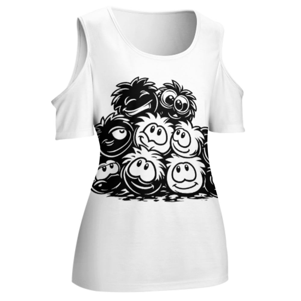 Funny Fuzzy Cartoon Graphic Tee, Cute Monster Smile Shirt, Playful Retro Character Top, Whimsical Black and White Graphic T-Shirt(z716)