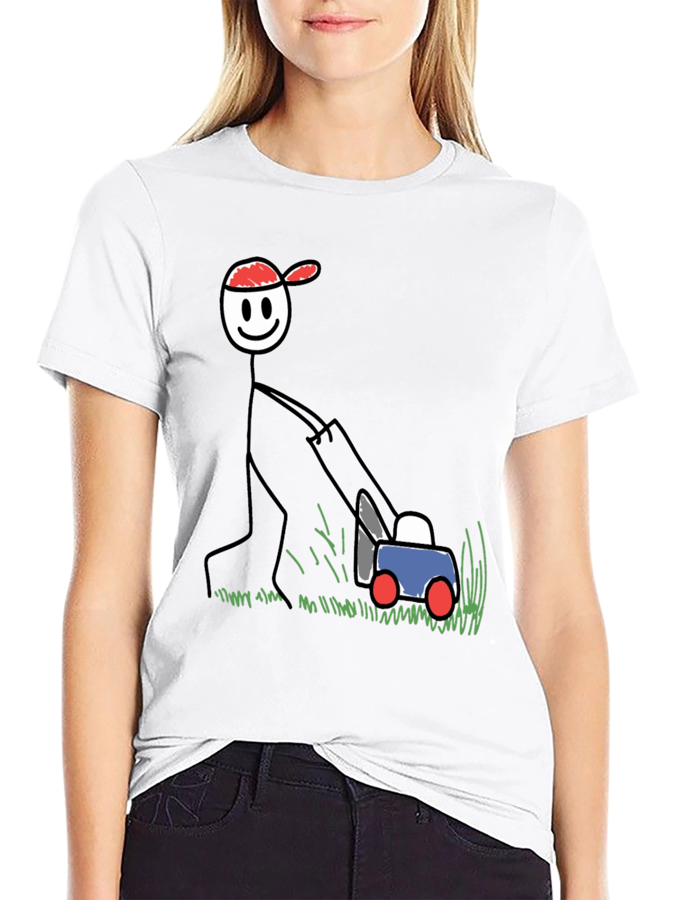 Stick Figure Lawn Mowing T-Shirt - Fun Design