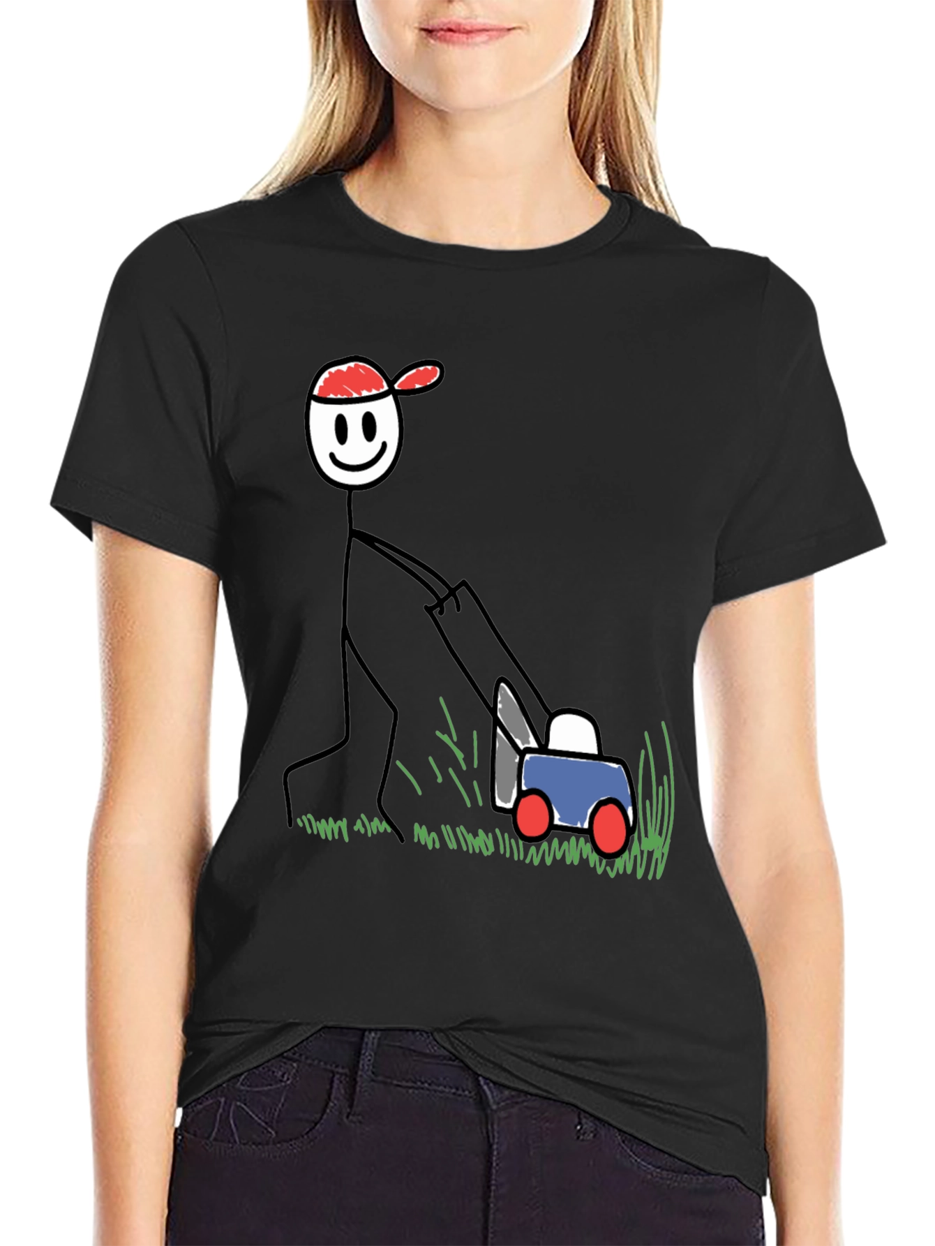 Stick Figure Lawn Mowing T-Shirt - Fun Design