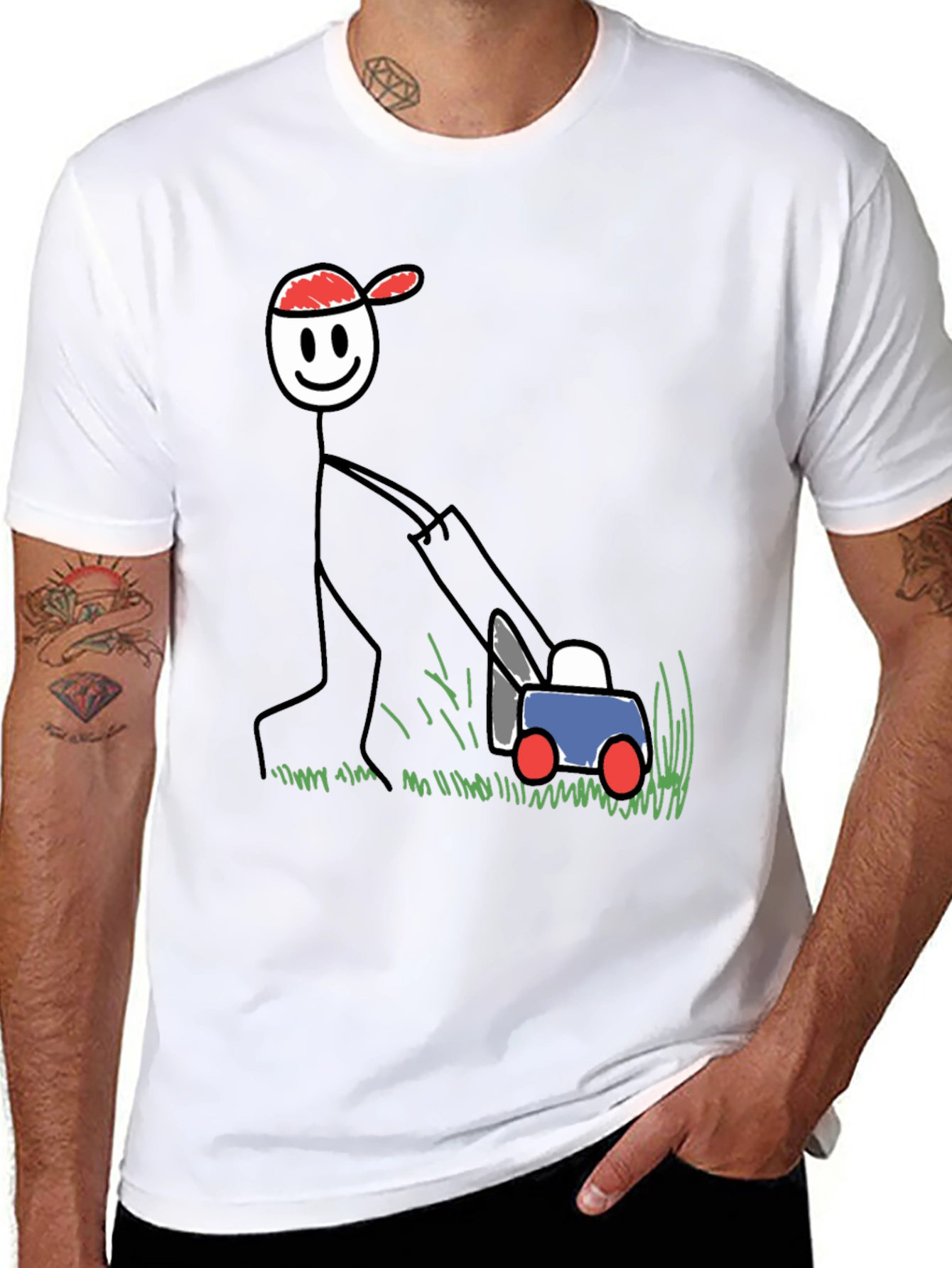 Stick Figure Lawn Mowing T-Shirt - Fun Design
