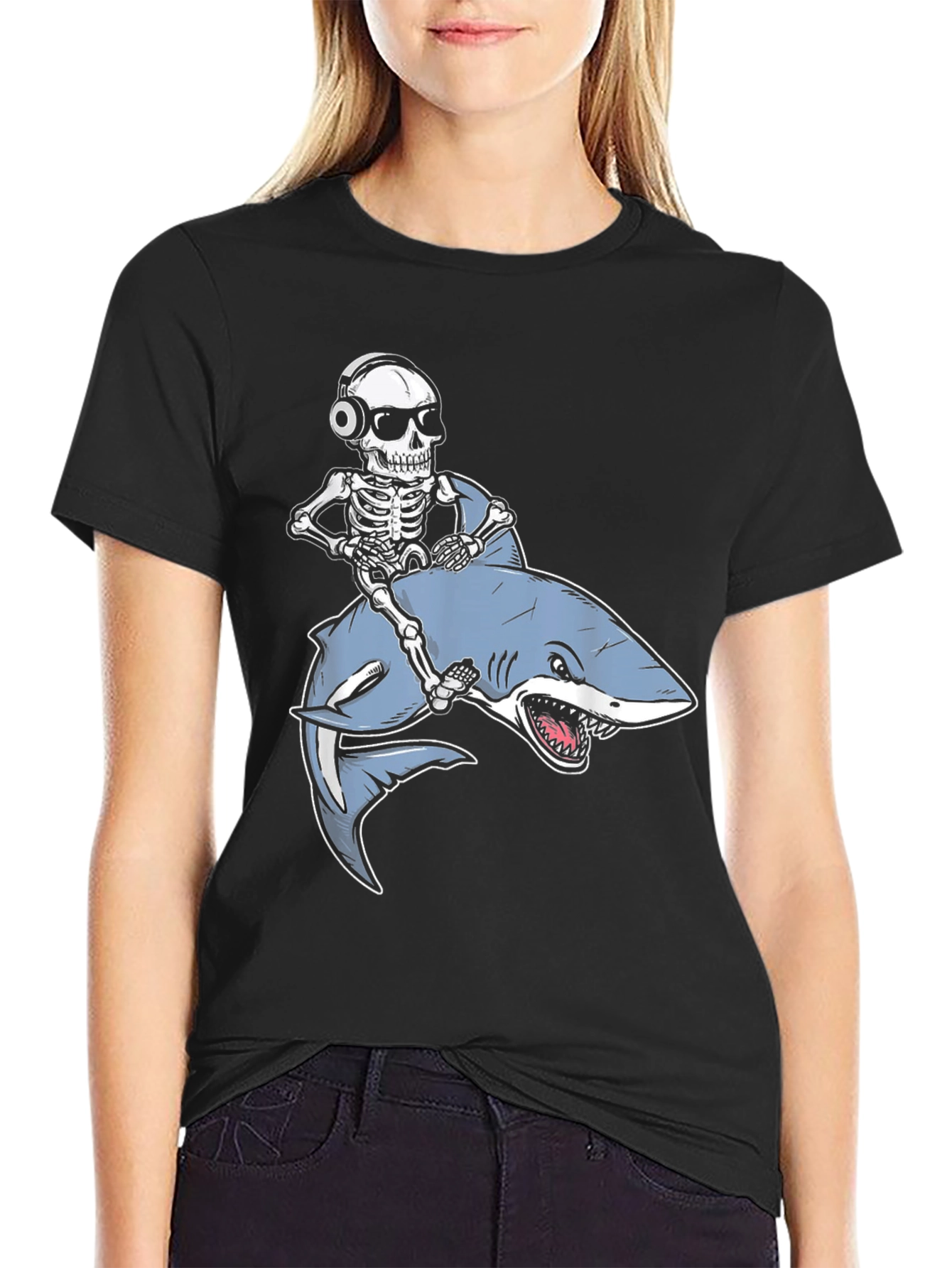 Skeleton Riding Shark Graphic T-Shirt