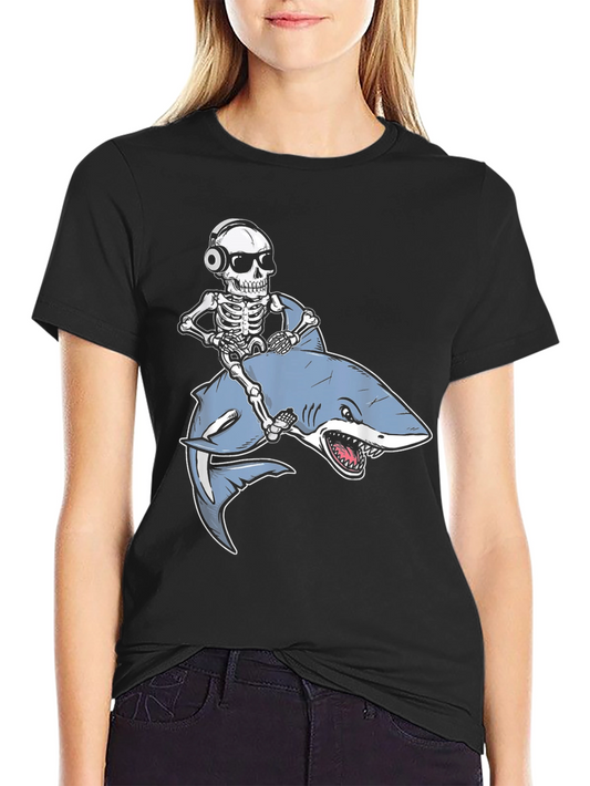 Skeleton Riding Shark Graphic T-Shirt