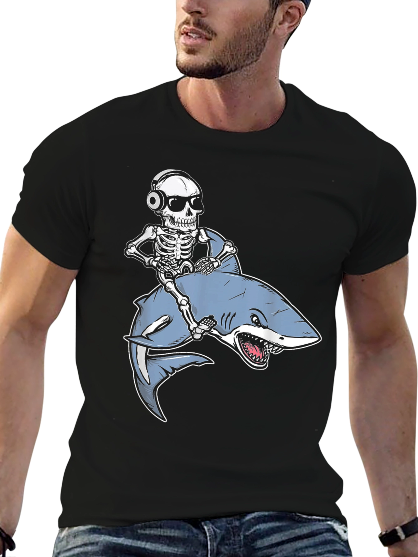 Skeleton Riding Shark Graphic T-Shirt