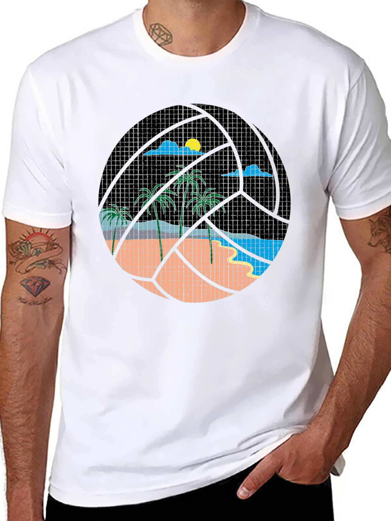 Tropical Beach Volleyball Graphic Tee - Black