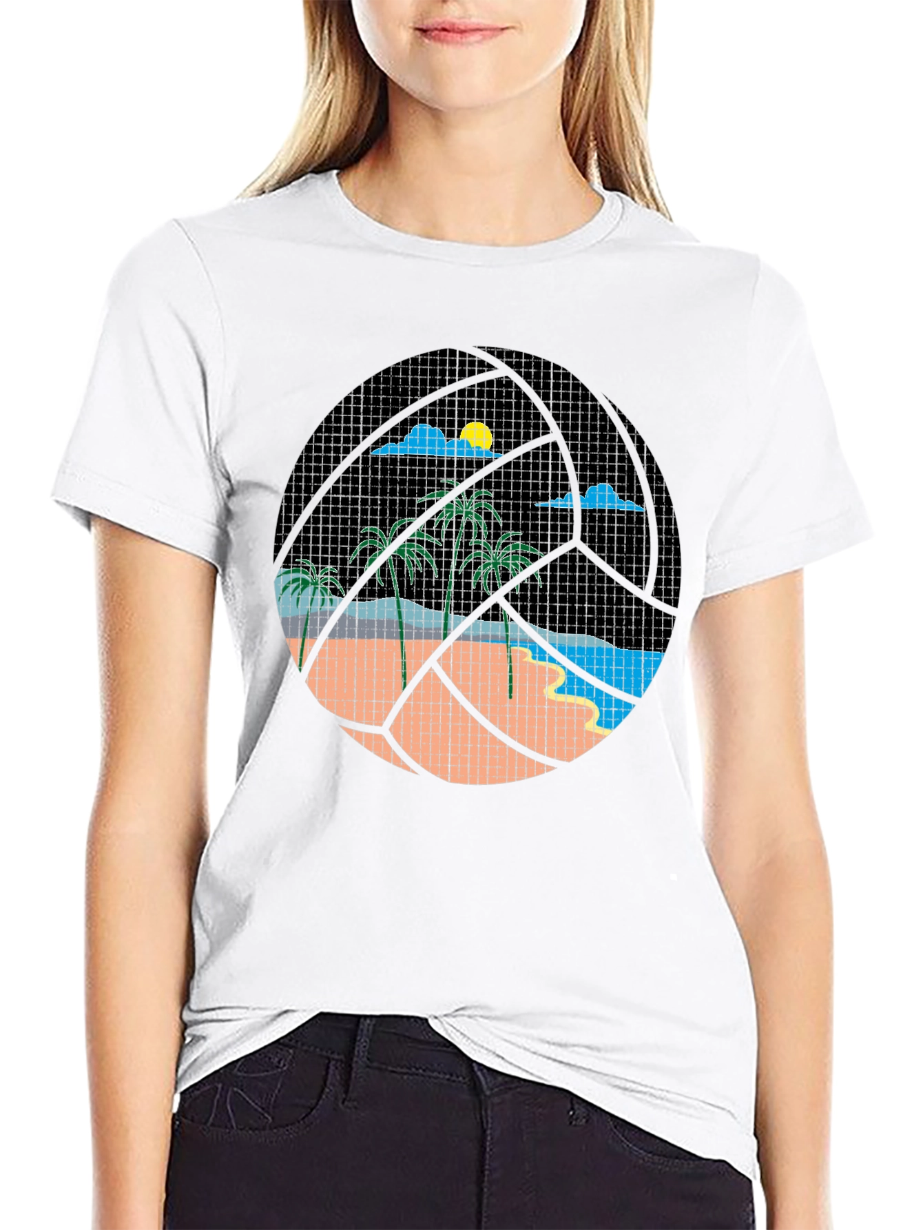 Tropical Beach Volleyball Graphic Tee - Black