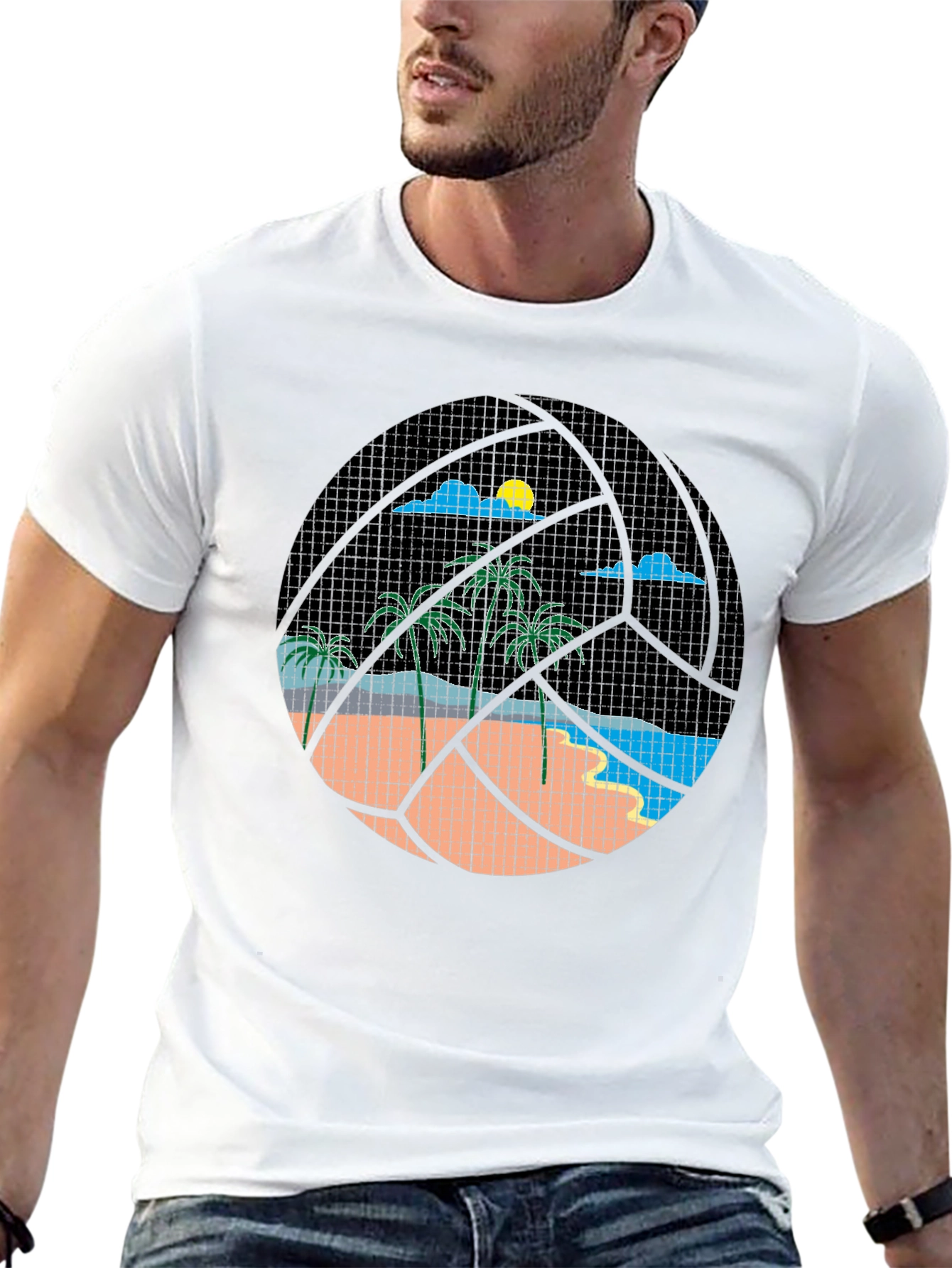 Tropical Beach Volleyball Graphic Tee - Black