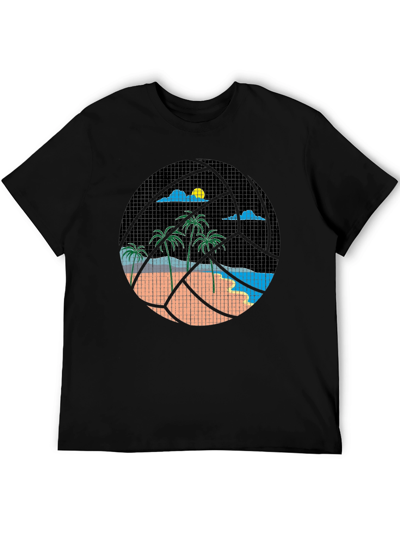 Tropical Beach Volleyball Graphic Tee - Black
