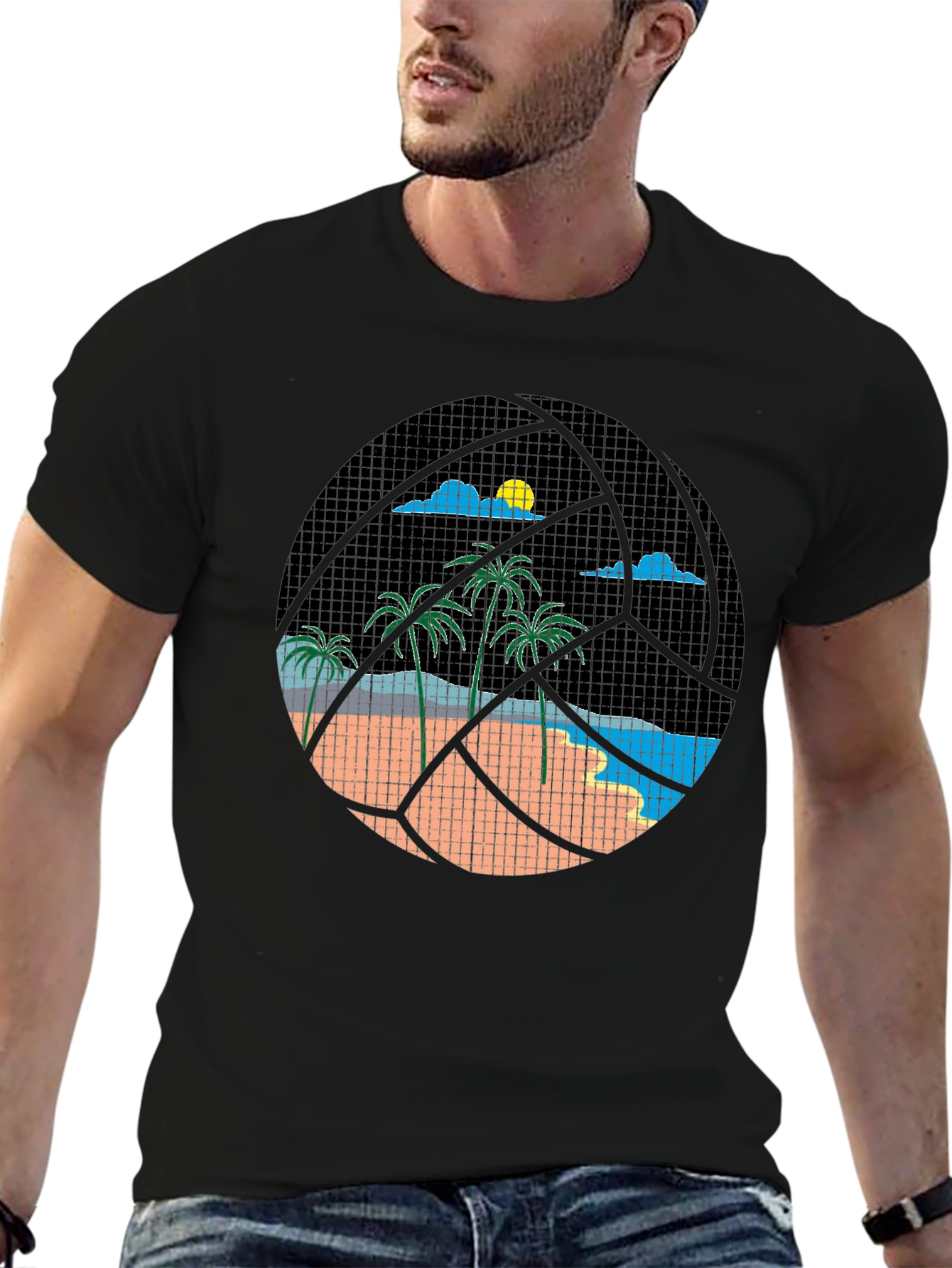 Tropical Beach Volleyball Graphic Tee - Black