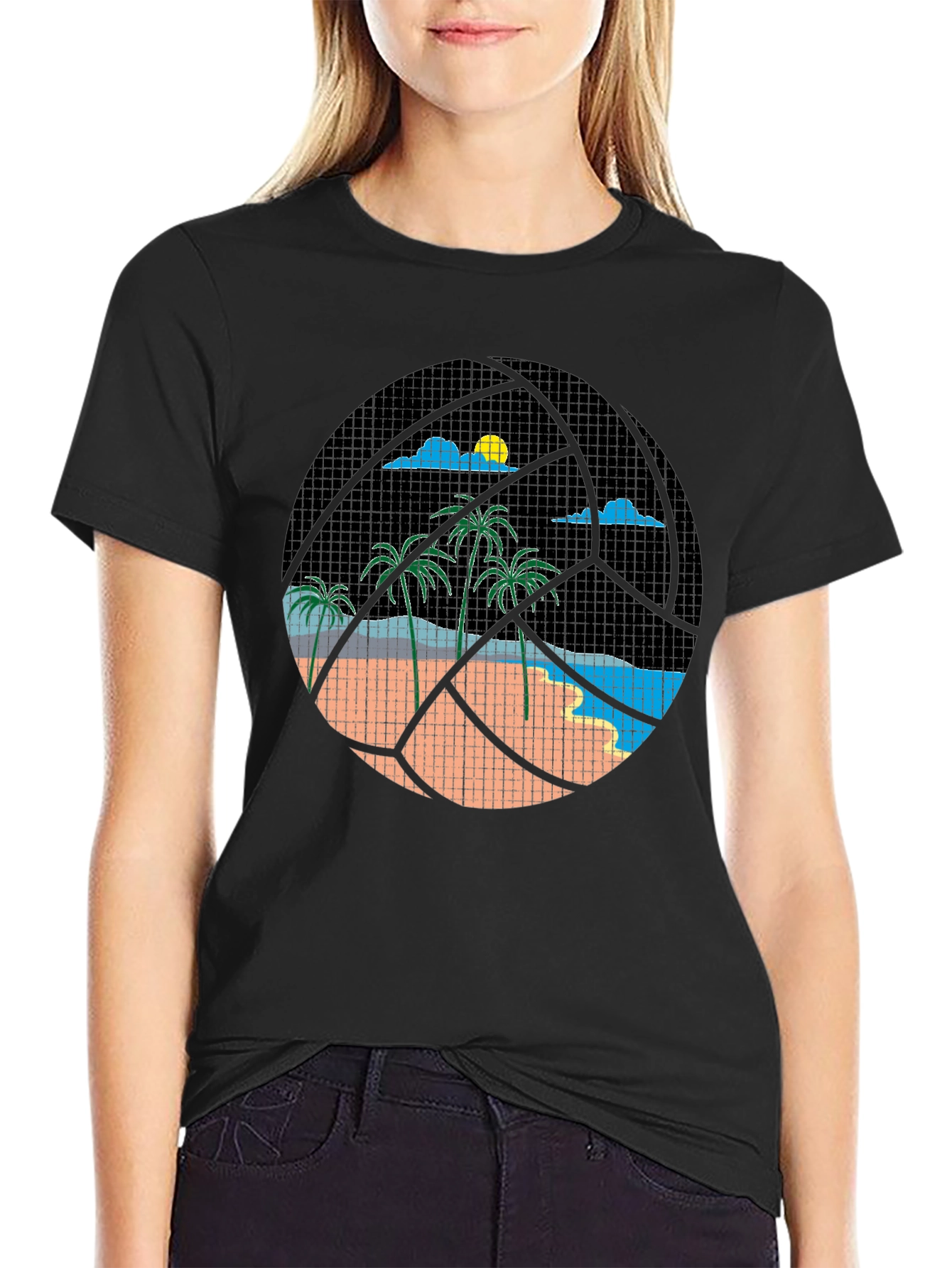 Tropical Beach Volleyball Graphic Tee - Black