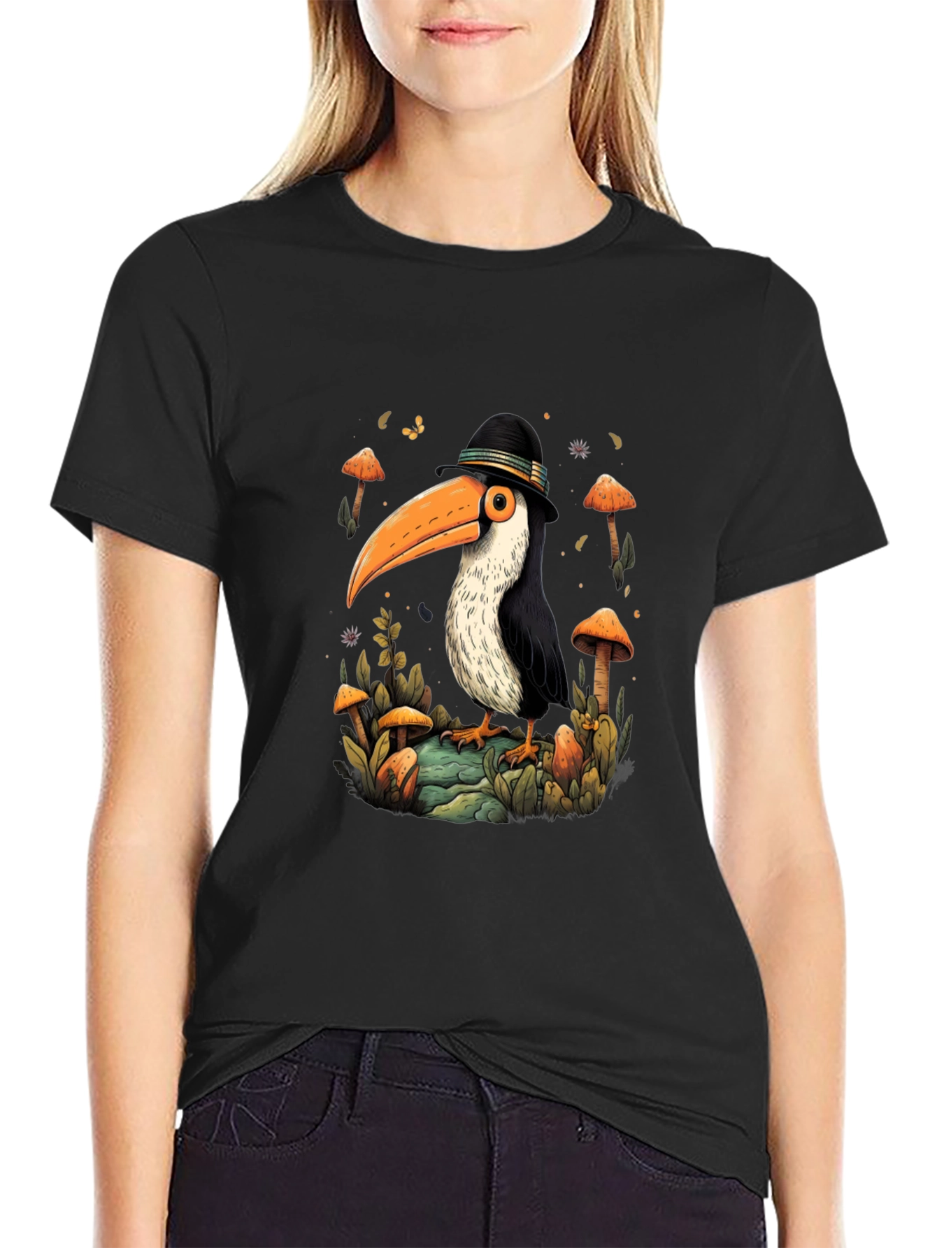 Whimsical Toucan T-Shirt - Mushroom Forest Design