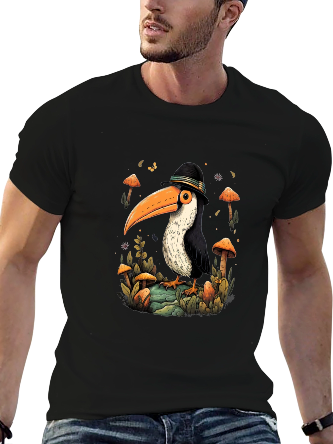 Whimsical Toucan T-Shirt - Mushroom Forest Design