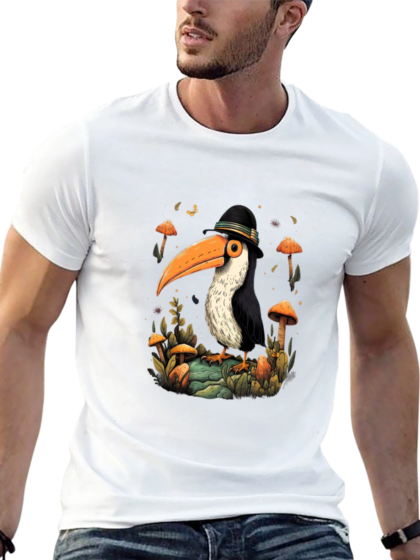 Whimsical Toucan T-Shirt - Mushroom Forest Design