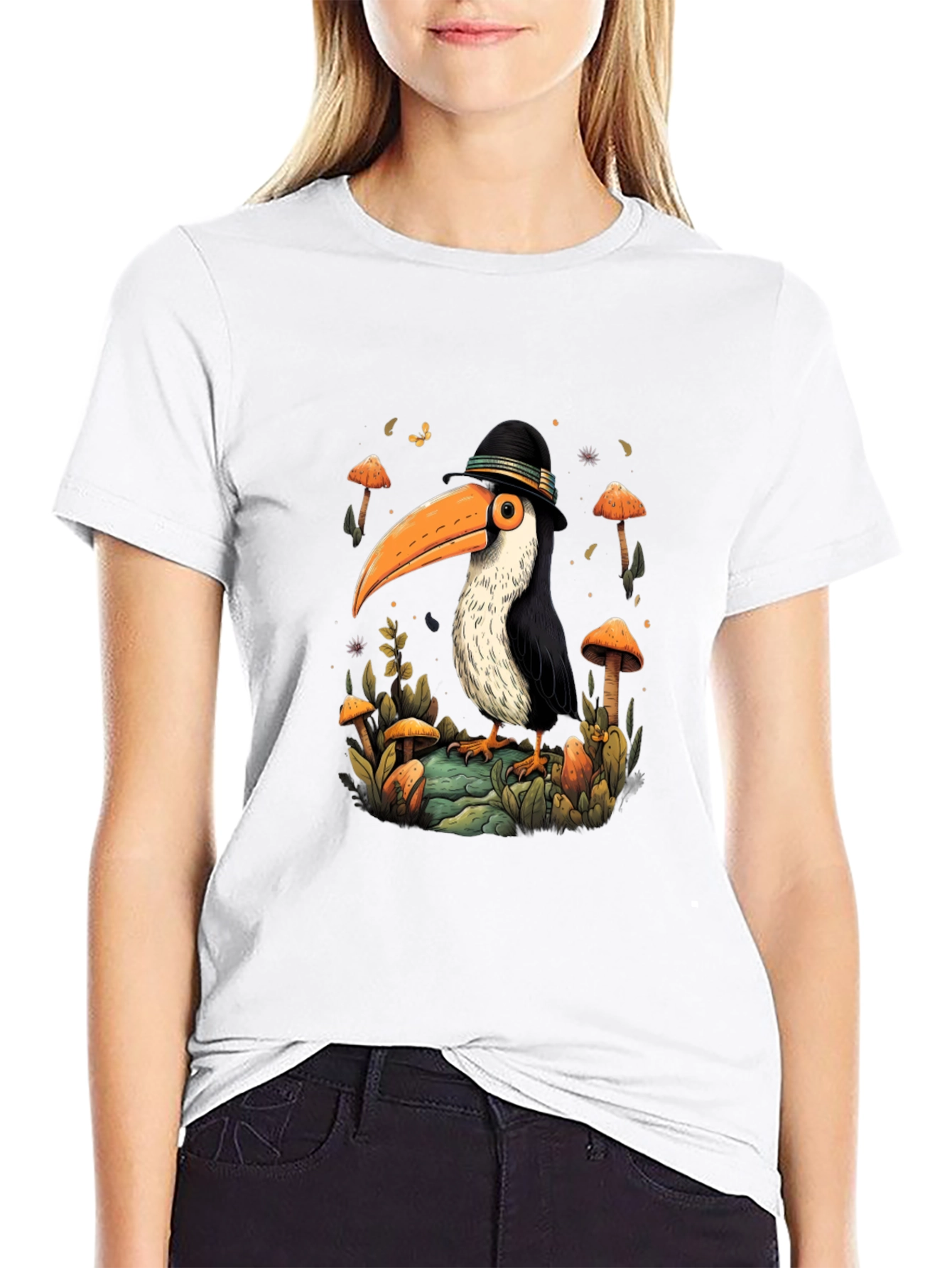 Whimsical Toucan T-Shirt - Mushroom Forest Design