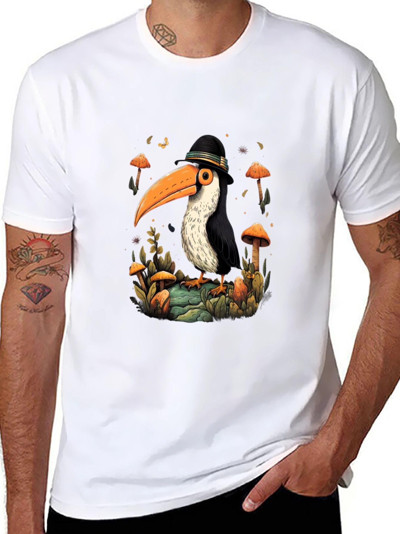 Whimsical Toucan T-Shirt - Mushroom Forest Design