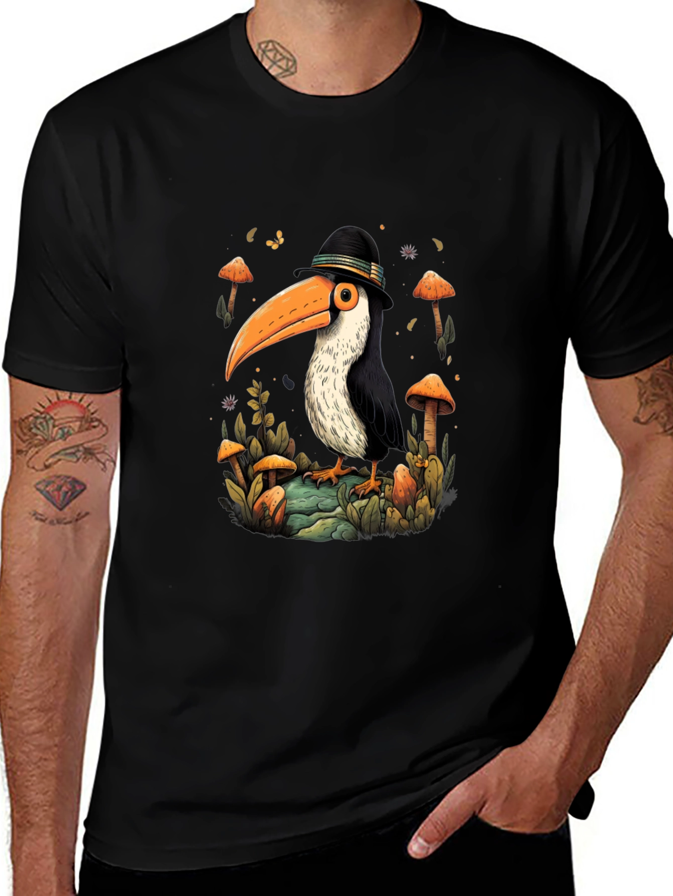 Whimsical Toucan T-Shirt - Mushroom Forest Design