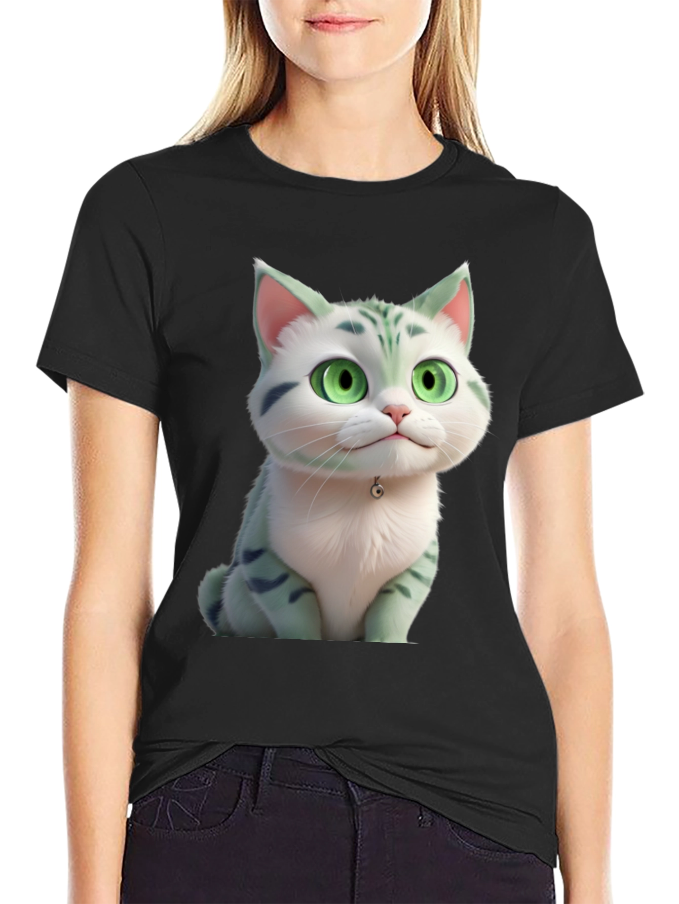 Cartoon Cat Graphic Tee - Black