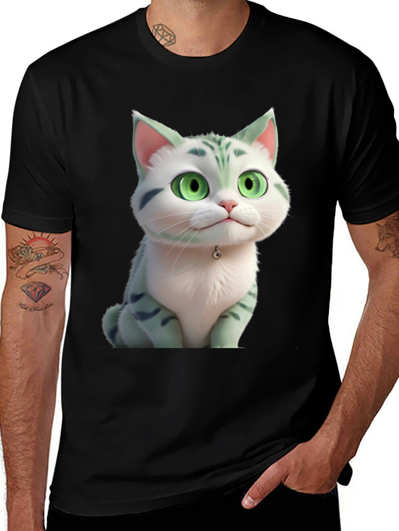 Cartoon Cat Graphic Tee - Black