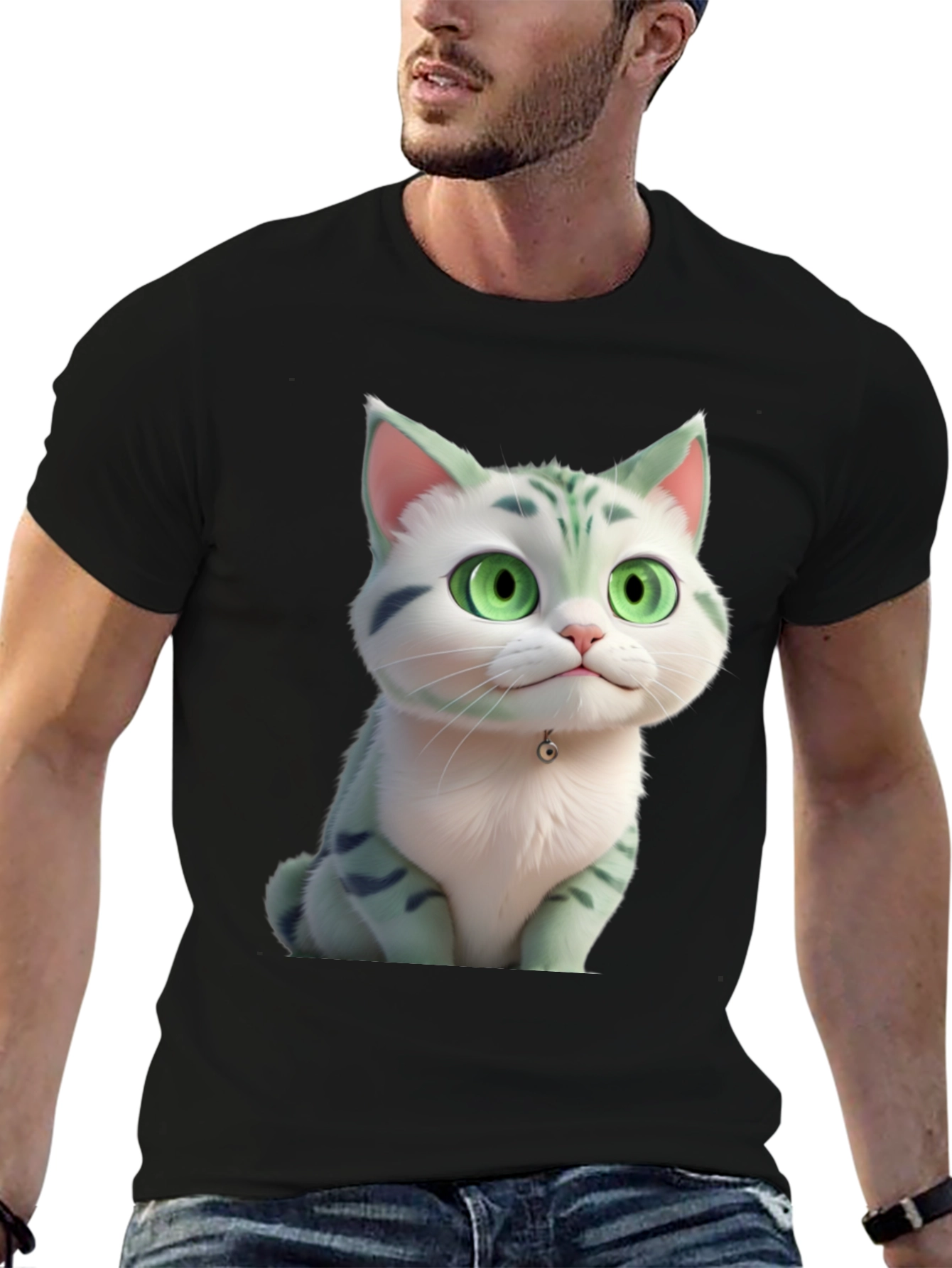 Cartoon Cat Graphic Tee - Black
