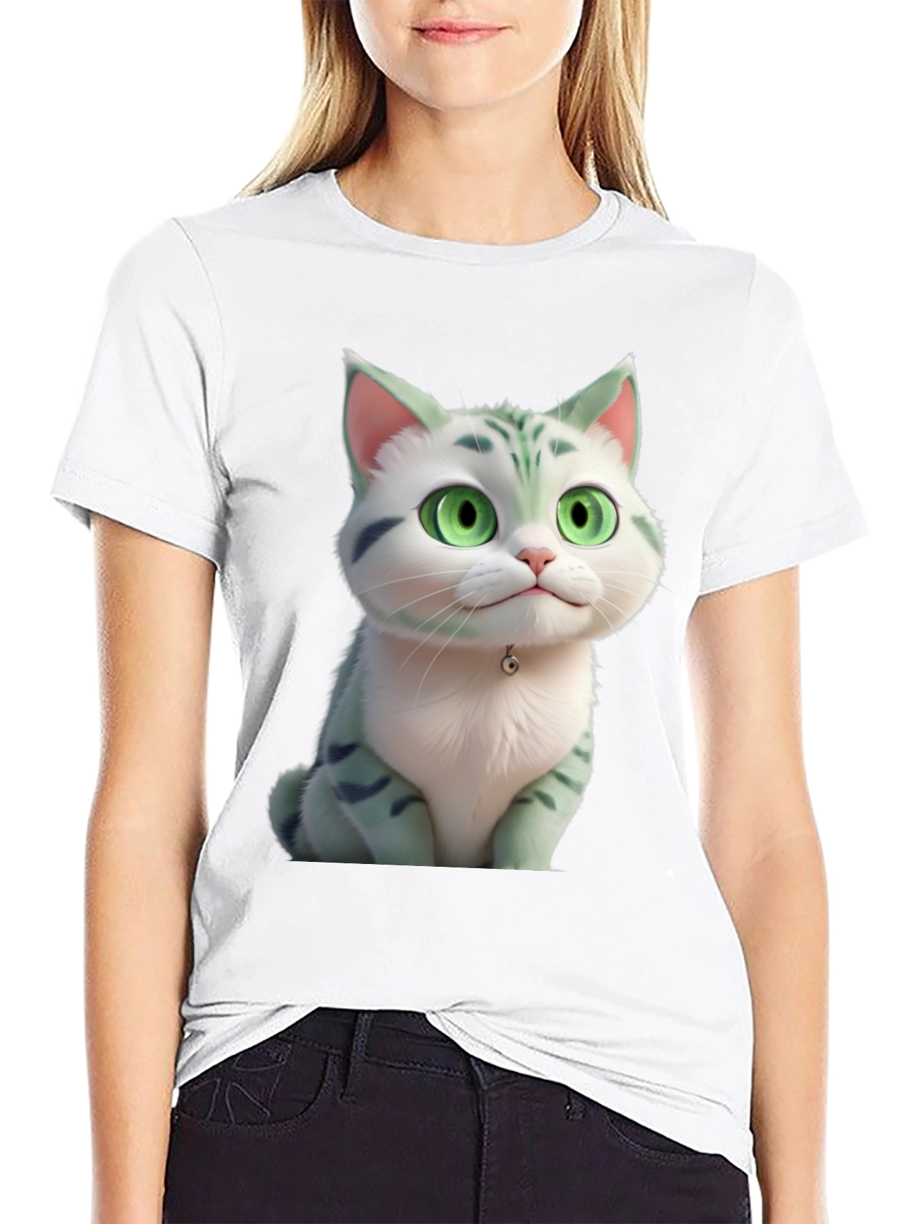 Cartoon Cat Graphic Tee - Black