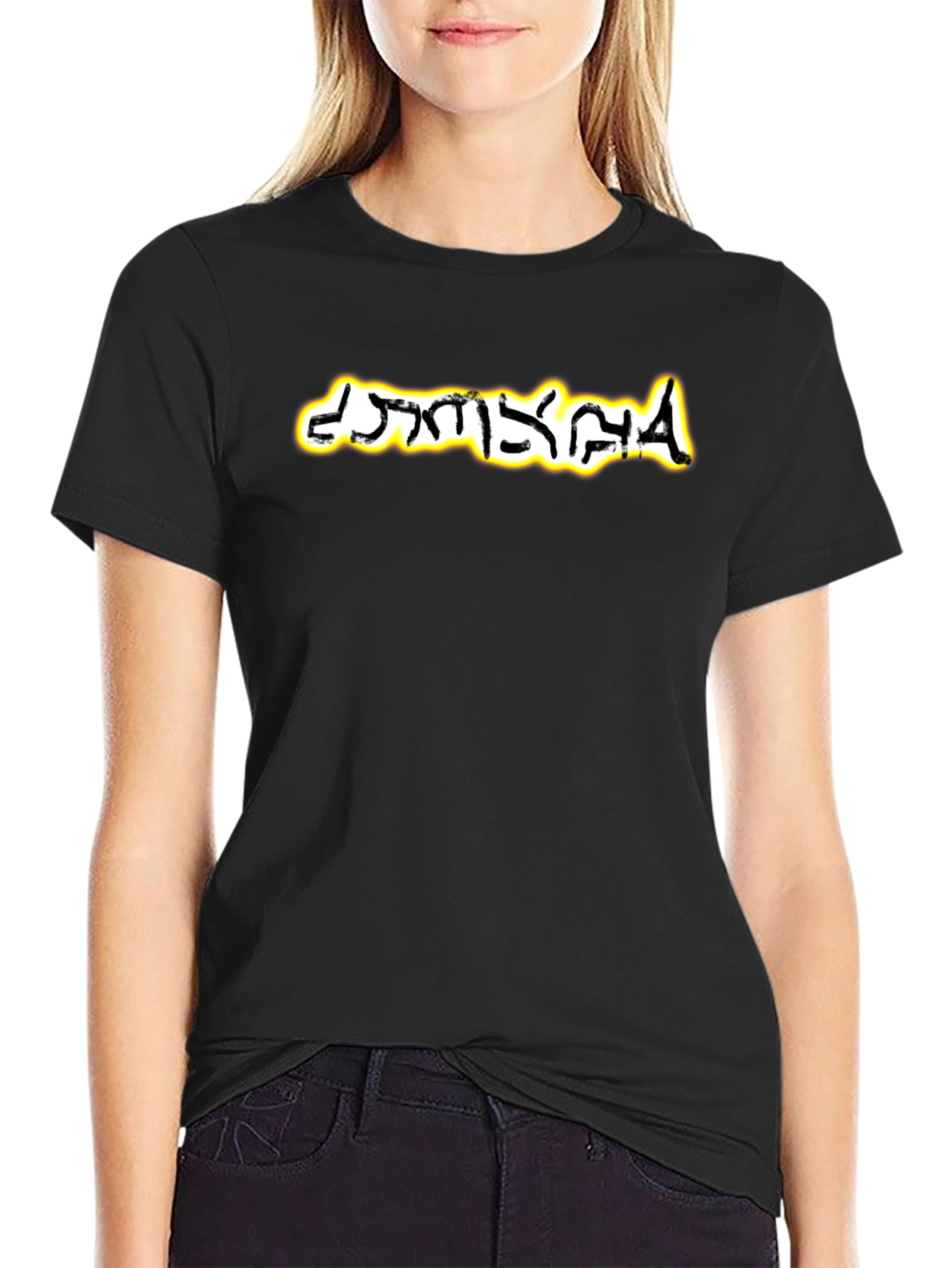 Graphic Tee: Unique Script Soft Black Cotton