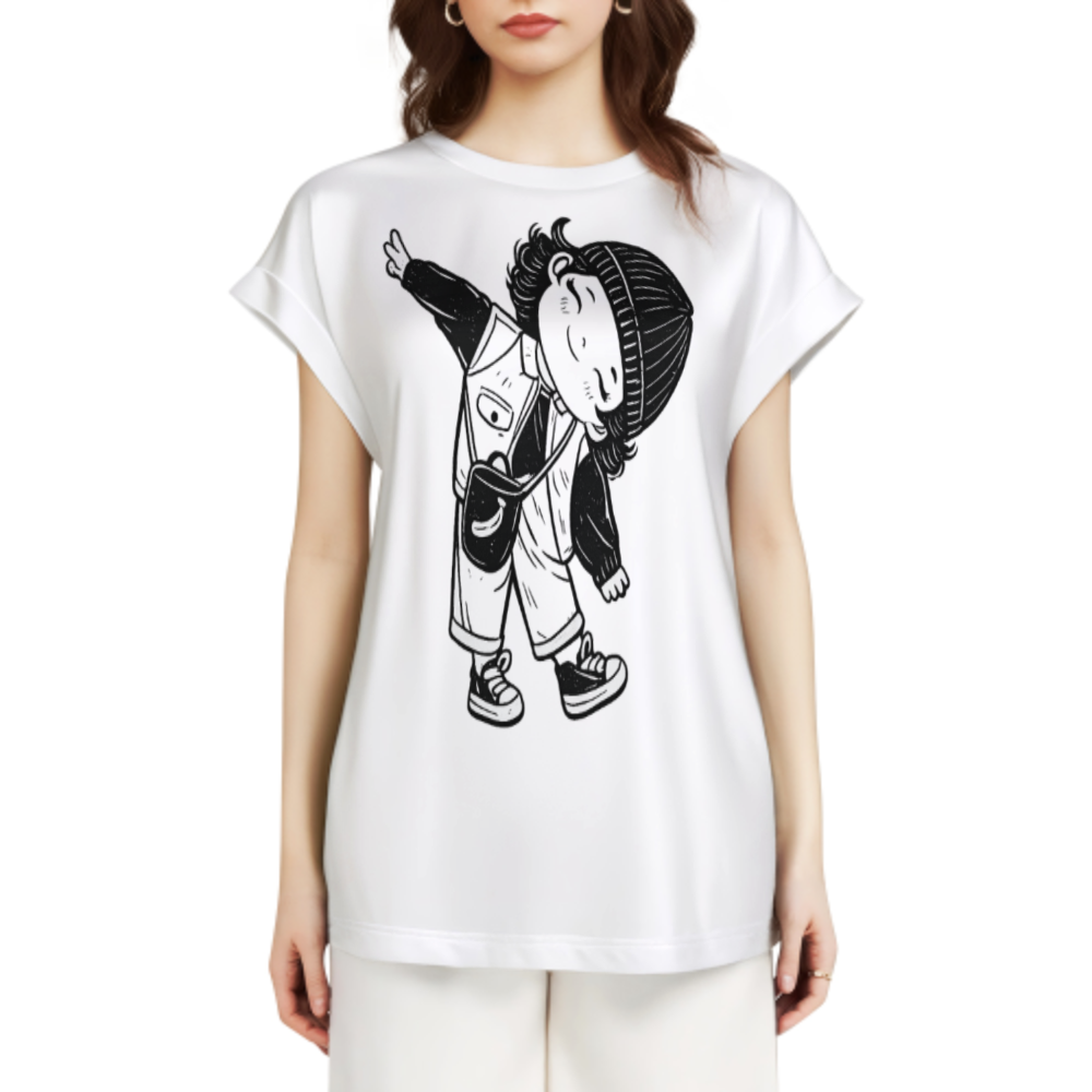 Cute Dabbing Cartoon Kid Graphic Tee, Minimal Black White Streetwear Shirt, Trendy Chibi Character Oversized T-Shirt, Casual Youth Style Top(z739)