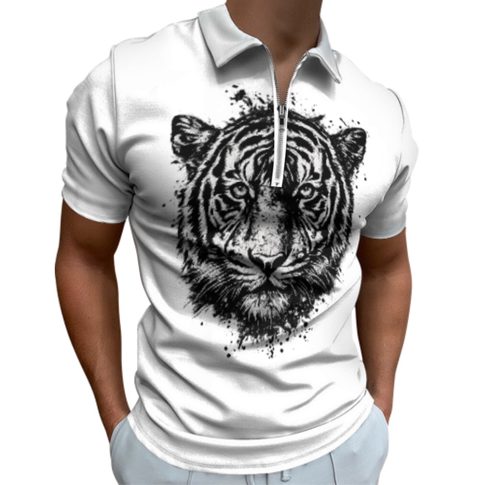 Vintage Tiger Face Graphic Polo Shirt, Fierce Wildlife Animal Print Zip Tee, Retro Streetwear Jungle Inspired Top(z708)