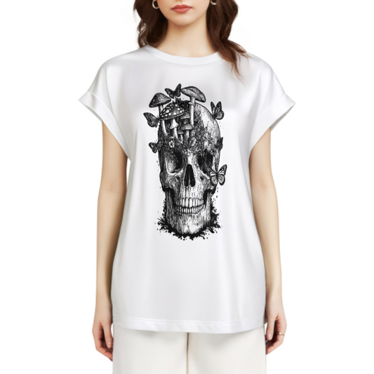 Gothic Skull & Mushroom Graphic Tee, Dark Cottagecore Aesthetic Shirt, Vintage Butterfly Skull Art T-Shirt, Alternative Nature Inspired Top(z736)