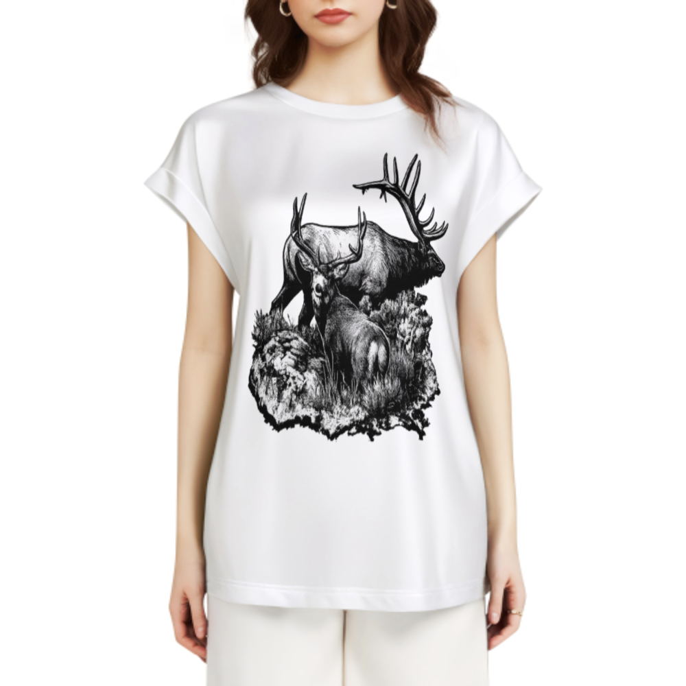 Majestic Elk & Deer Wildlife Graphic Tee, Rustic Forest Animal Shirt, Vintage Hunting Style Nature Graphic Top, Outdoor Adventure Inspired Unisex T-Shirt(z735)