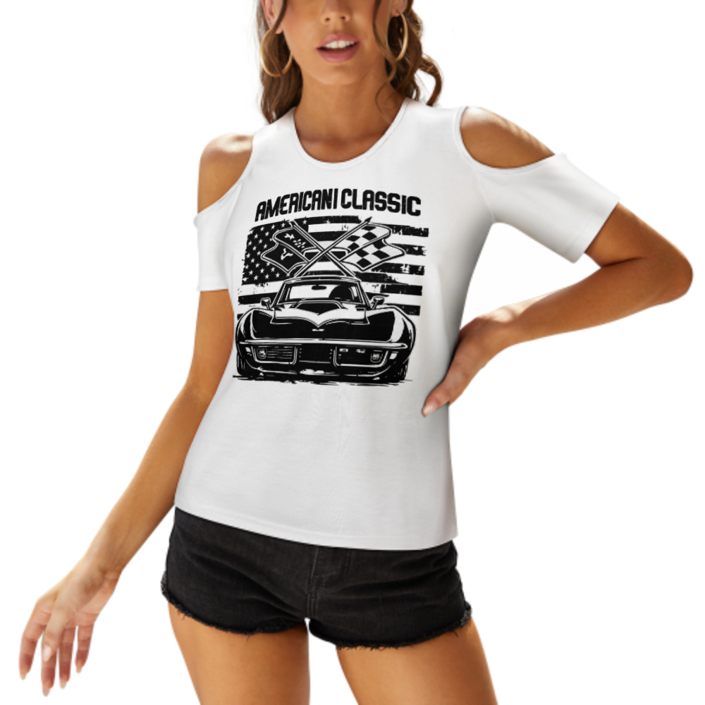 American Classic Vintage Muscle Car Graphic Tee, Retro Racing Flag Shirt, Patriotic Streetwear Top, Classic Car Lover Gift, Women’s Cold Shoulder T-Shirt(z714)