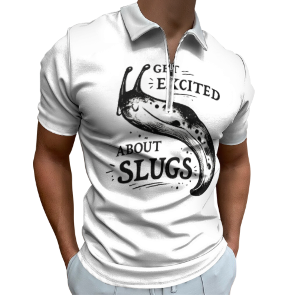 Funny Slug Lover Graphic Polo Shirt, Get Excited About Slugs Retro Animal Humor Zip Tee, Quirky Nature Inspired Top(z710)
