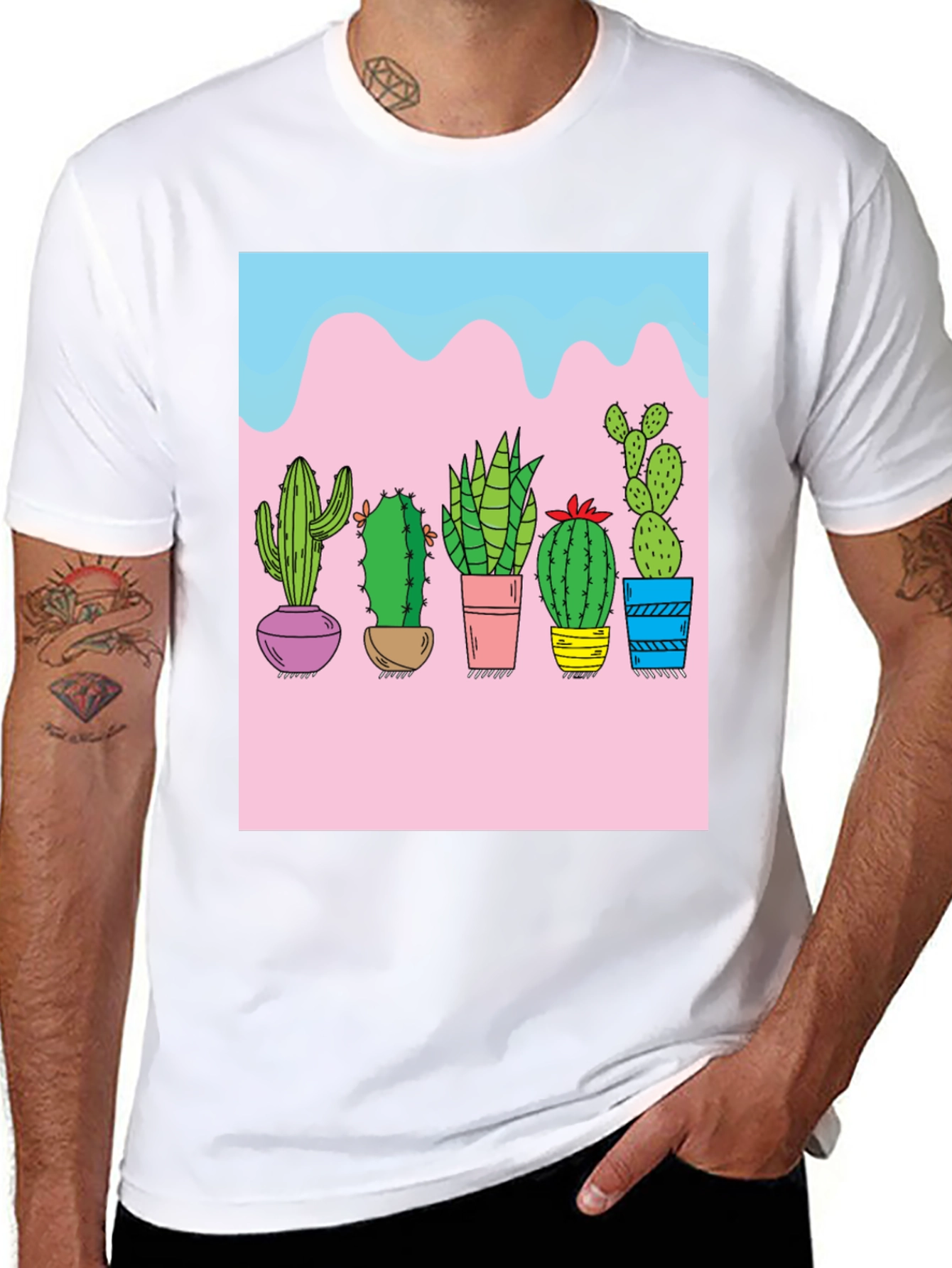 Cactus Print Black Tee - Unique Graphic Design