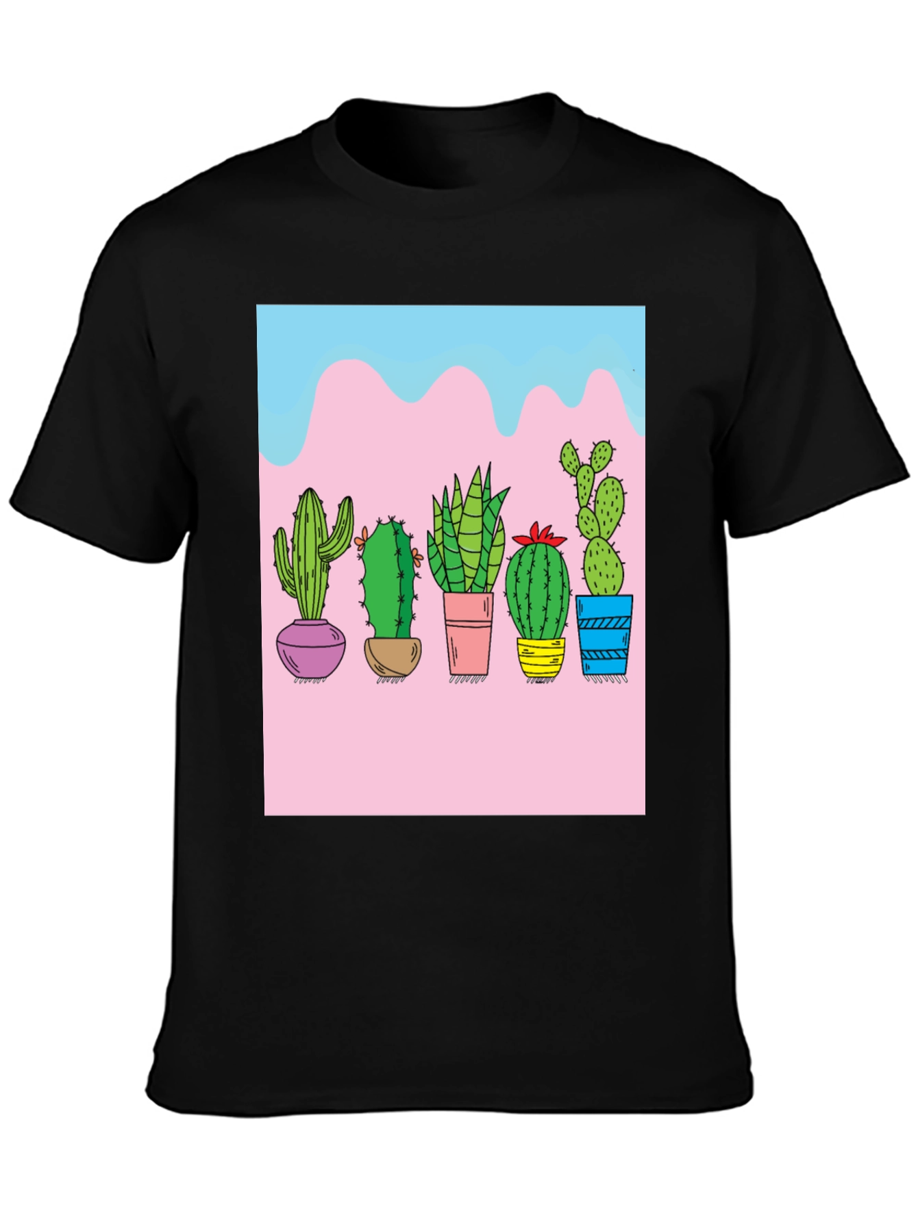 Cactus Print Black Tee - Unique Graphic Design