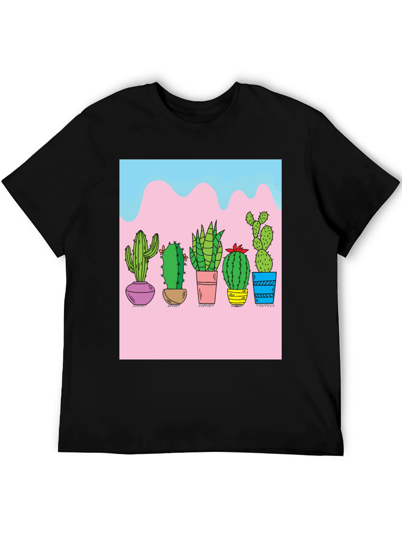 Cactus Print Black Tee - Unique Graphic Design