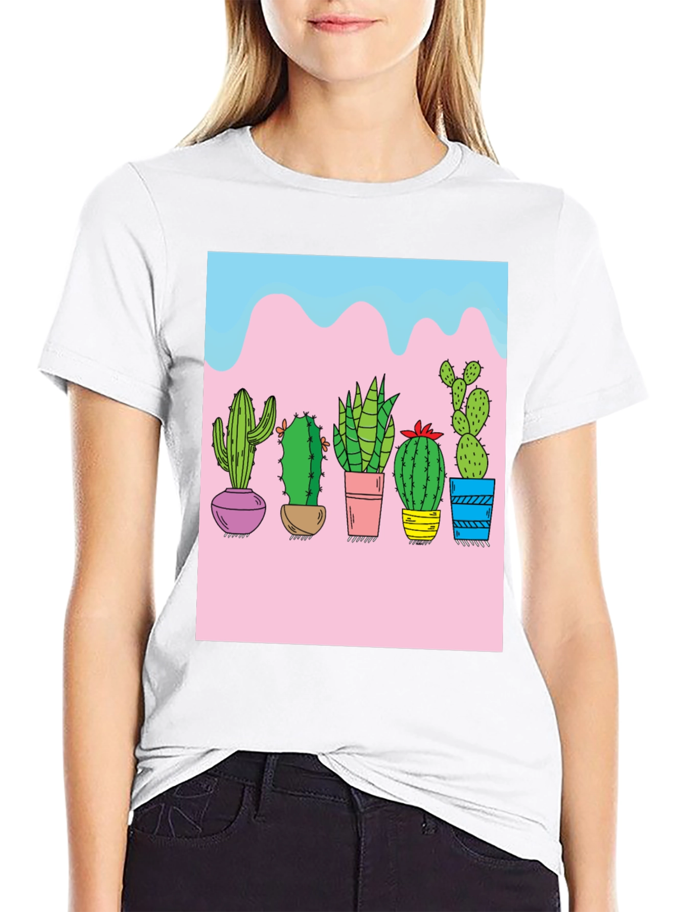 Cactus Print Black Tee - Unique Graphic Design