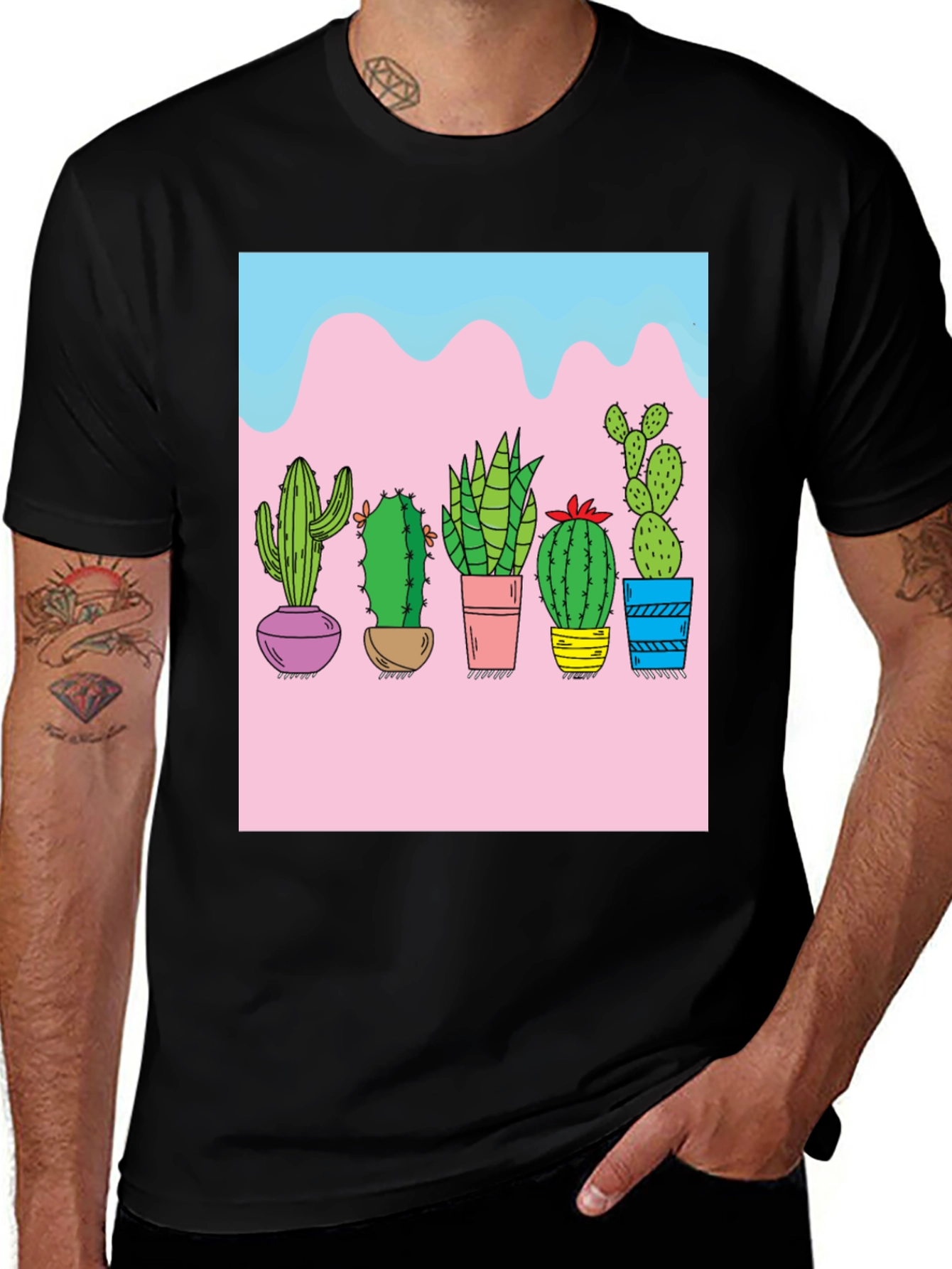 Cactus Print Black Tee - Unique Graphic Design