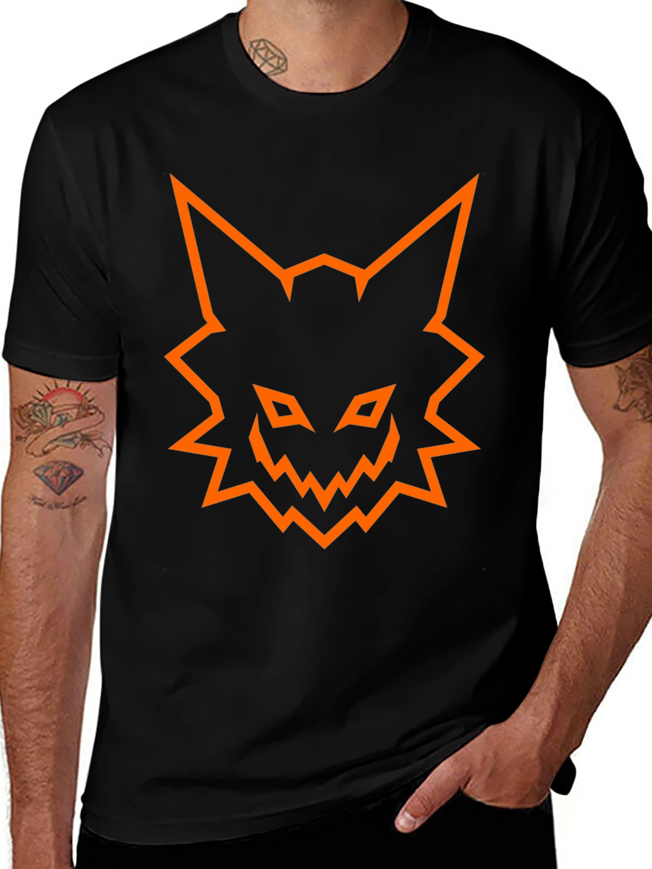 Mens Black T-Shirt with Orange Fox Graphic