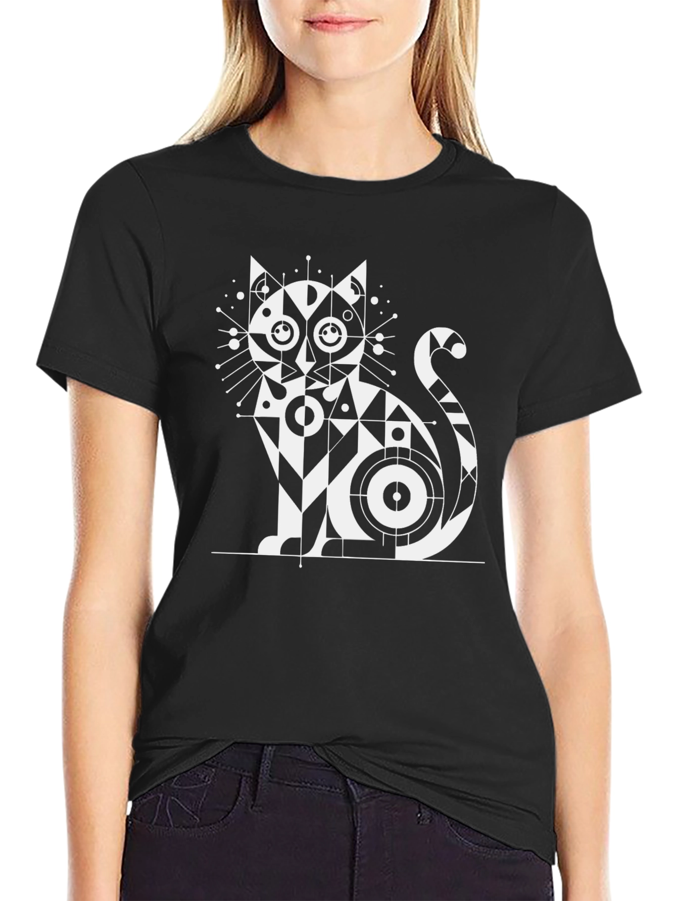 Geometric Cat Graphic T-Shirt - Modern Black Tee